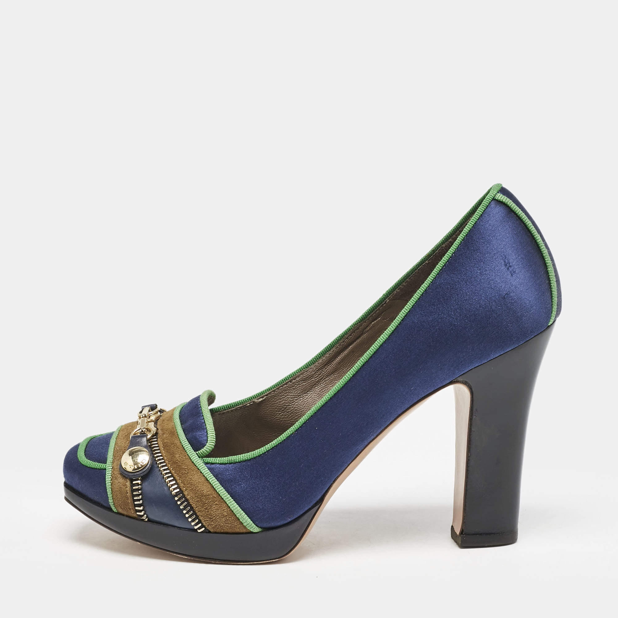 Etro Blue/Green Satin Zip Embellished Block Heel Pumps Size 38