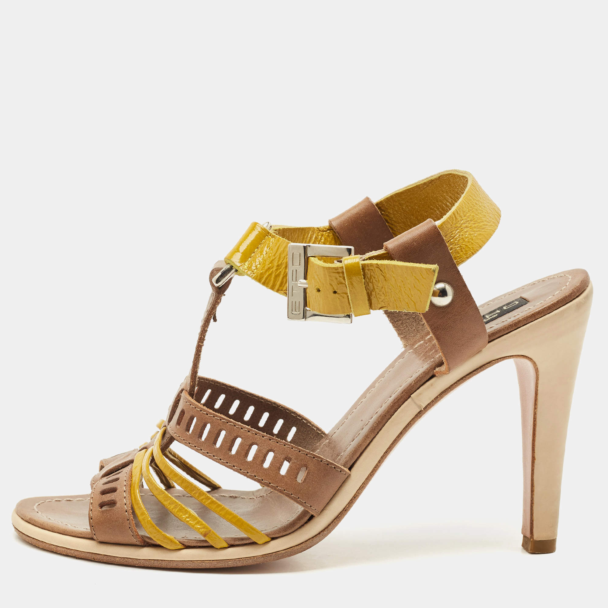 Etro Beige/Lime Green Patent and Leather Perforated Ankle Strap Sandals Size 39