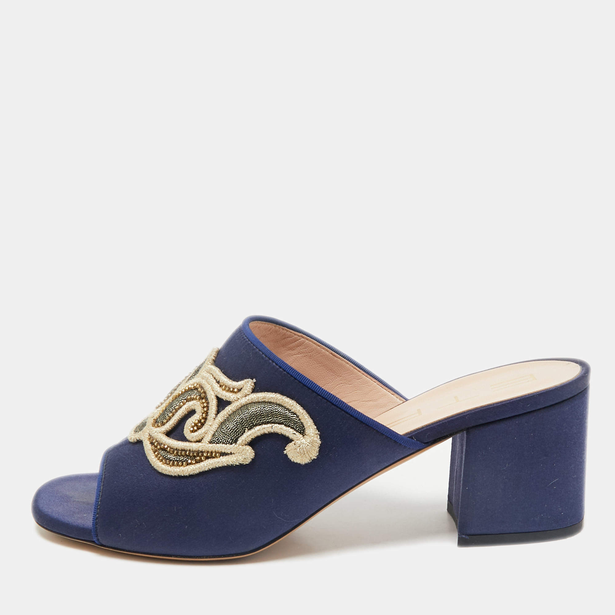 Etro Navy Blue Satin Slide Sandals Size 40