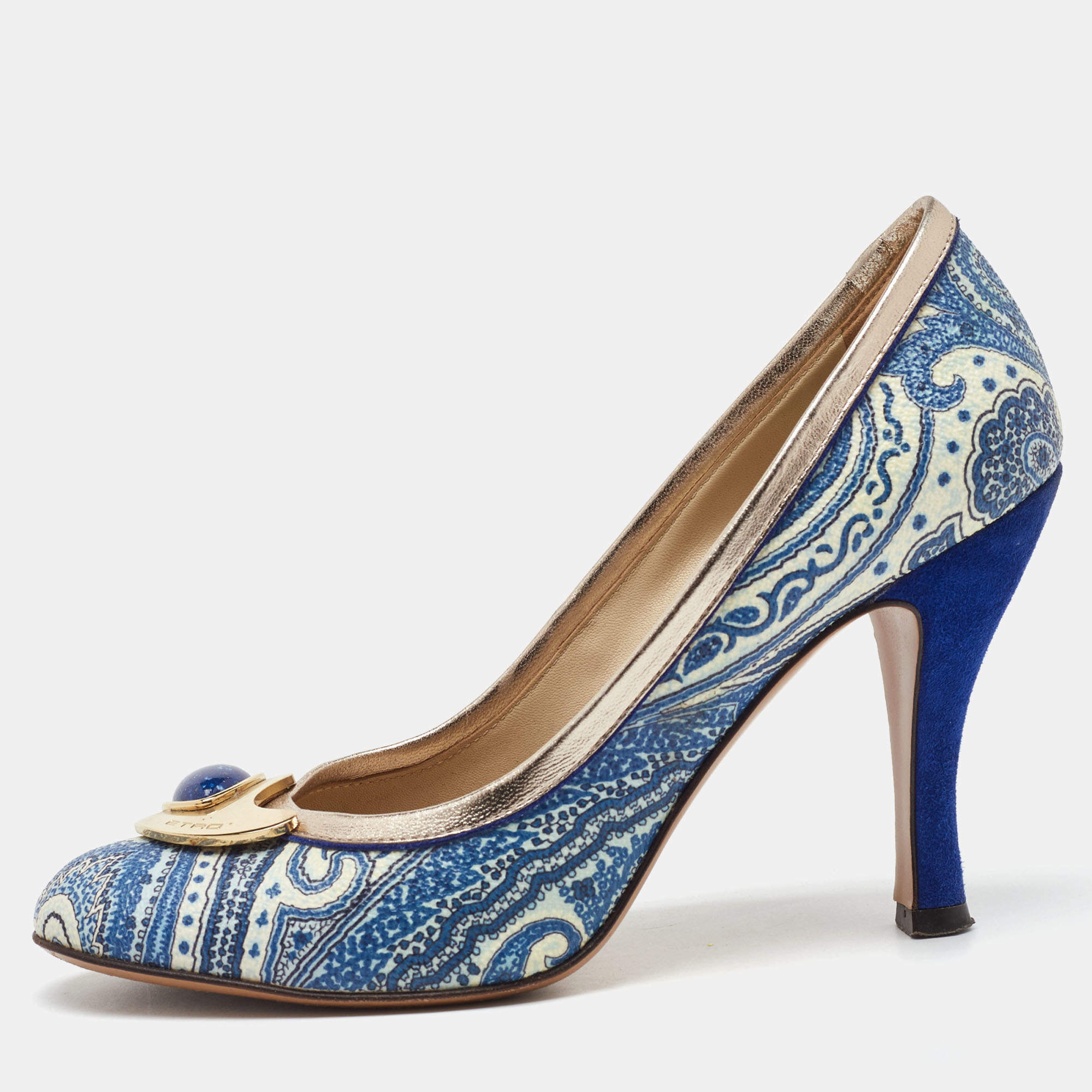 Pre Owned Etro Blue/White Paisley Print Coated Canvas Embellished Pumps Size 37.5