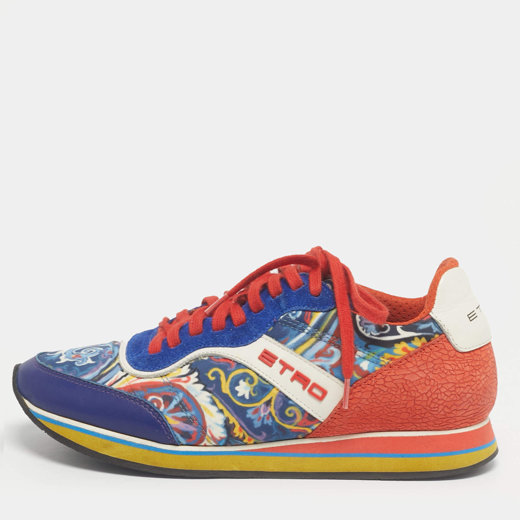 Pre Owned Etro Multicolor Paisley Print Nylon and Leather Low Top Sneakers Size 37