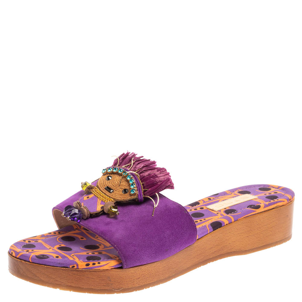 Etro Purple Suede Embellished Open Toe Slide Sandals Size 39