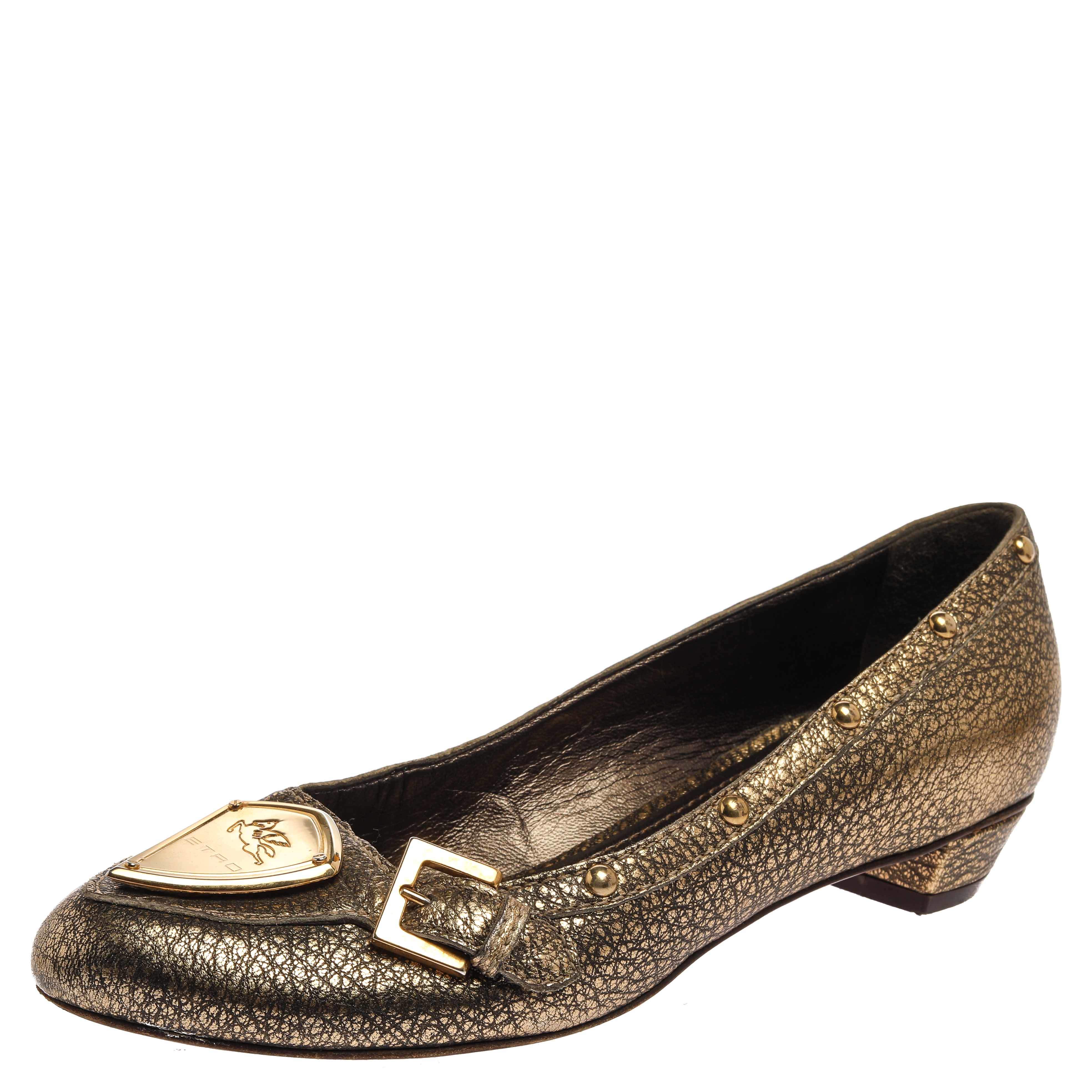 Pre Owned Etro Metallic Gold Leather Buckle Detail Studded Flats Size 38