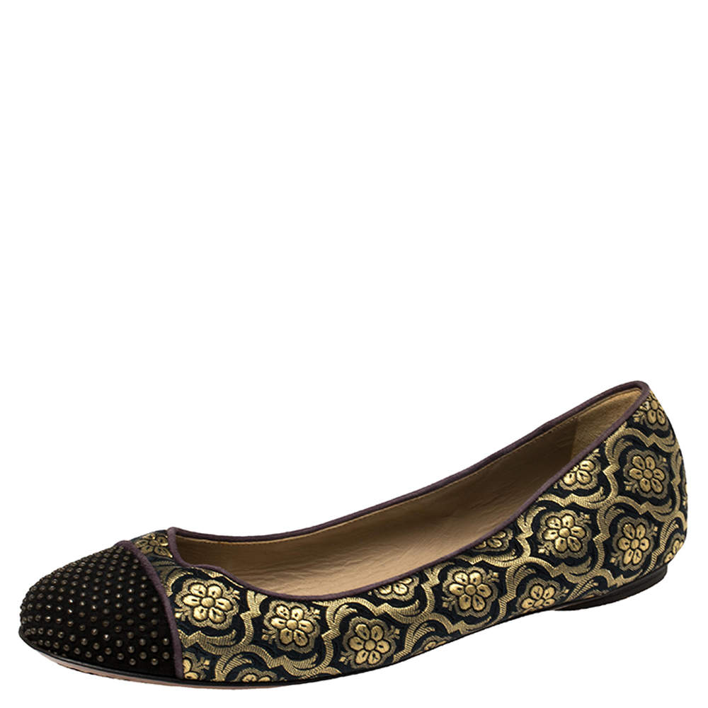 Pre Owned Etro Black/Gold Jacquard Fabric Ballet Flats Size 37