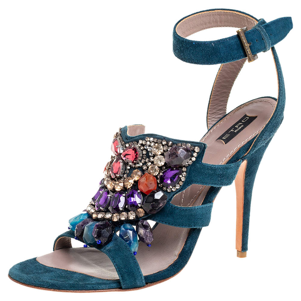 Pre Owned Etro Blue Suede Embellished Open Toe Ankle Strap Sandals Size 41