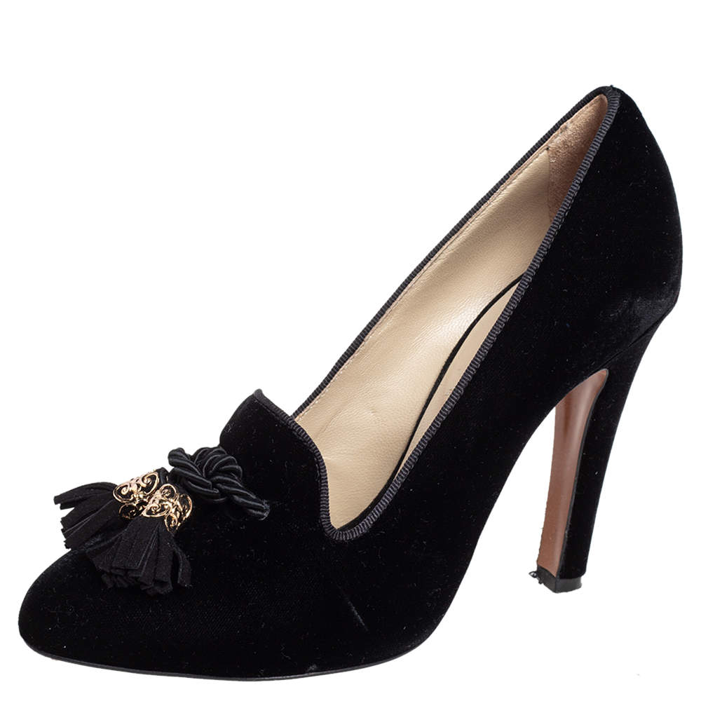 Pre Owned Etro Black Velvet Tassel Embellished Loafer Pumps Size 38.5