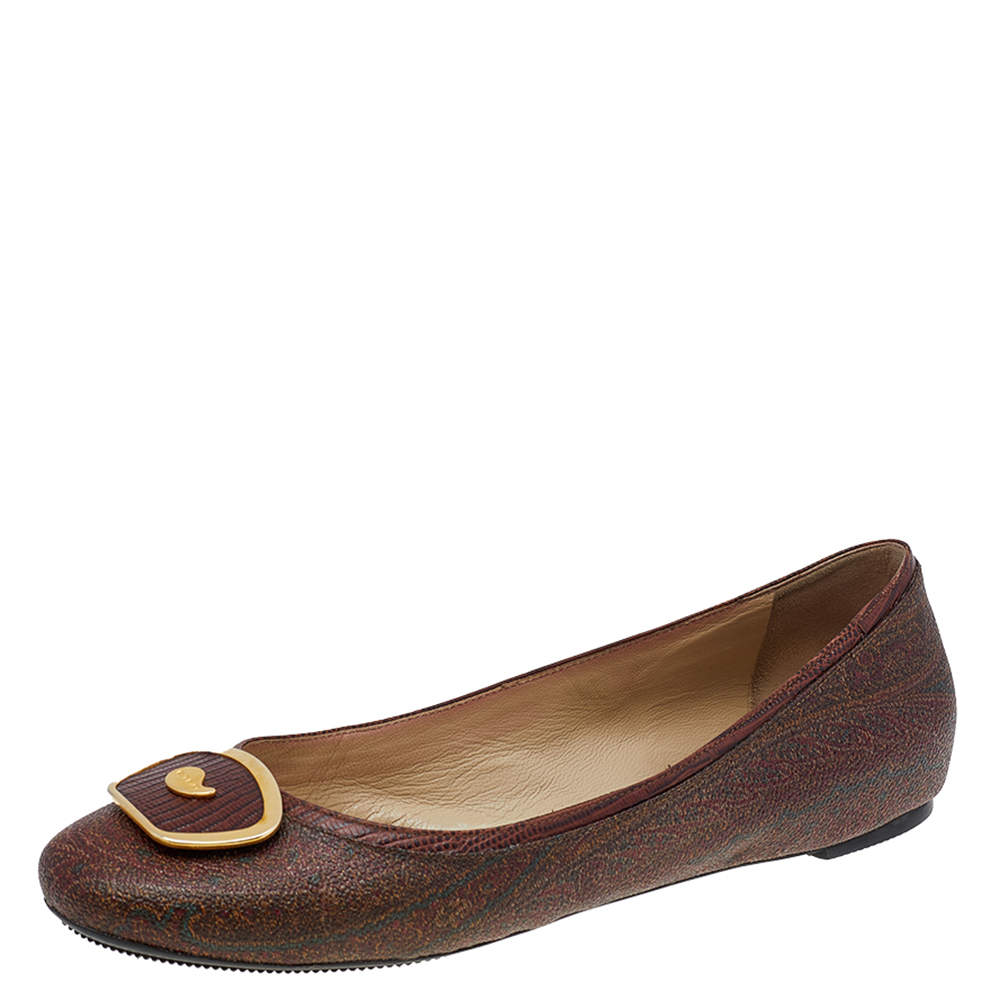 Pre Owned Etro Brown Paisley Printed Coated Canvas Ballet Flats Size 38