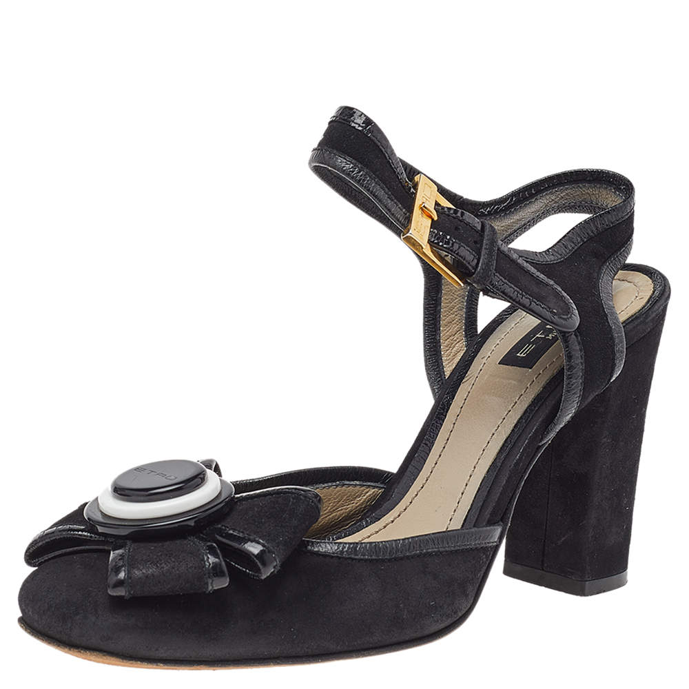 Etro Black Suede Ankle Strap Bow Sandals Size 37