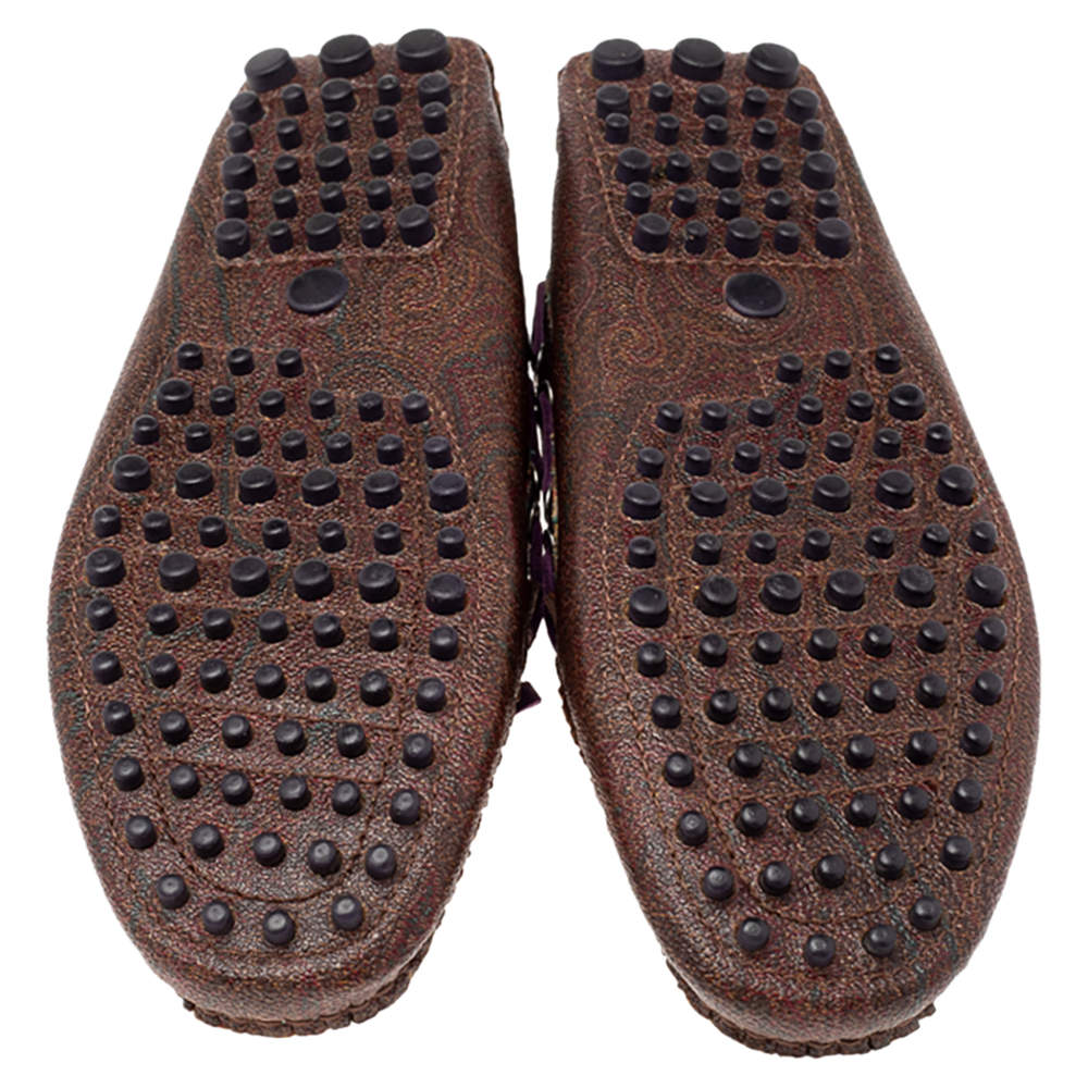 Pre Owned Etro Brown Paisley Print Coated Canvas Bow Slip On Loafers Size 38