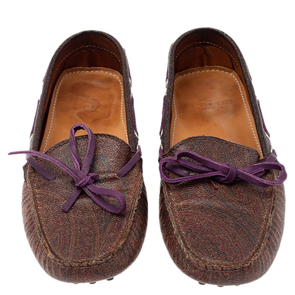 Pre Owned Etro Brown Paisley Print Coated Canvas Bow Slip On Loafers Size 38