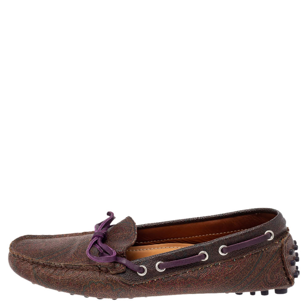Pre Owned Etro Brown Paisley Print Coated Canvas Bow Slip On Loafers Size 38