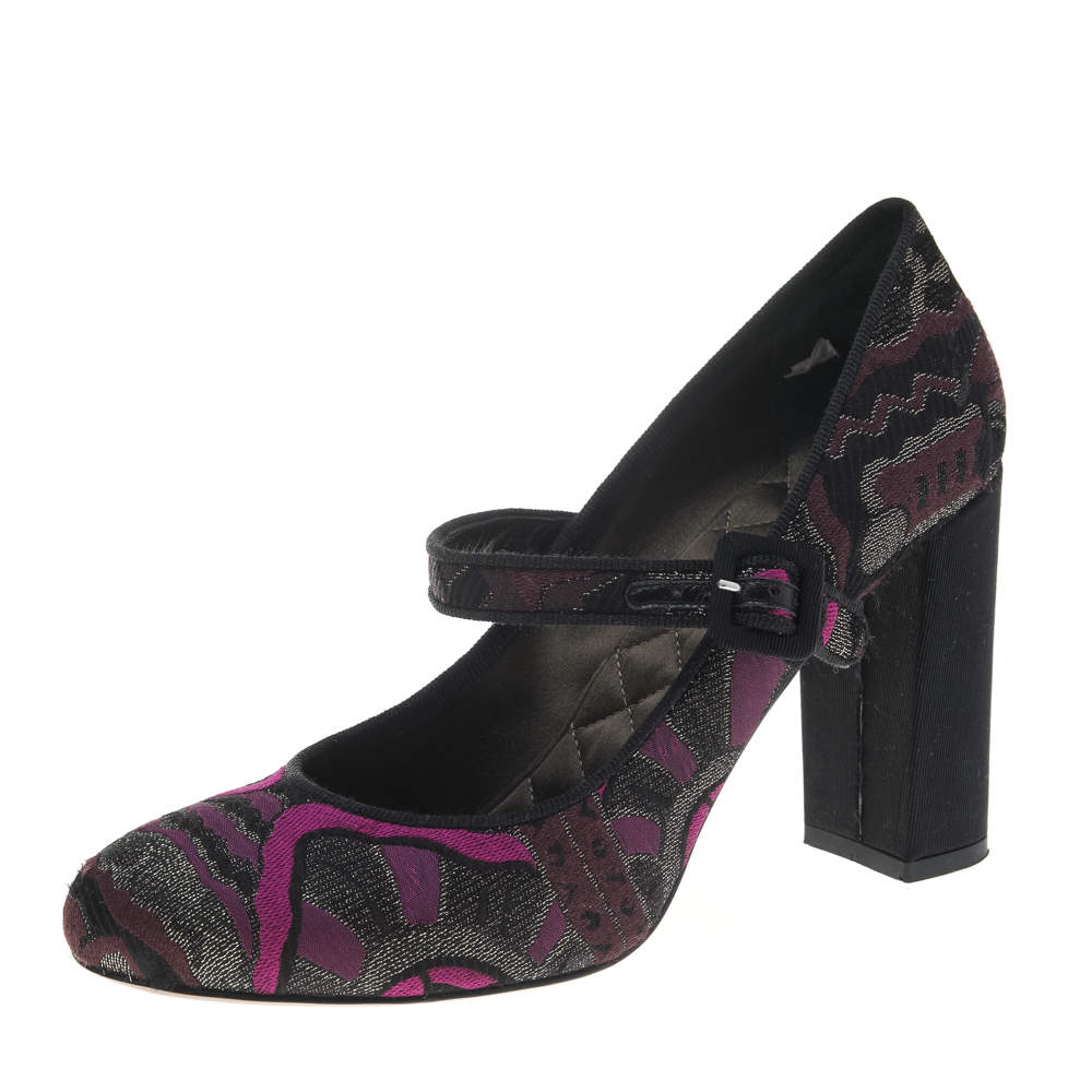 مملوكة مسبقًا حذاء كعب عالي إيترو ماري جاين قماش بروكاد أرجواني/أسود كعب سميك مقاس 38