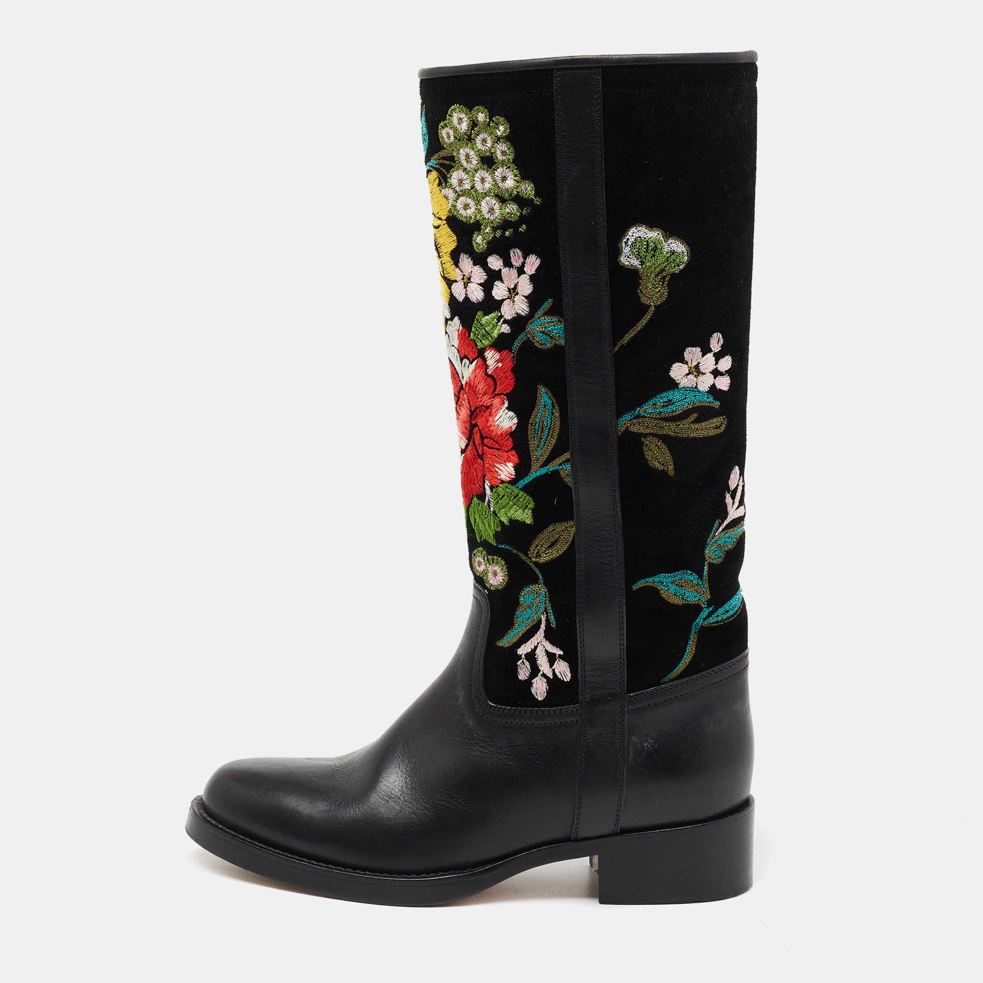 Etro Black Leather And Suede Embroidered Knee Length Boots Size 37 