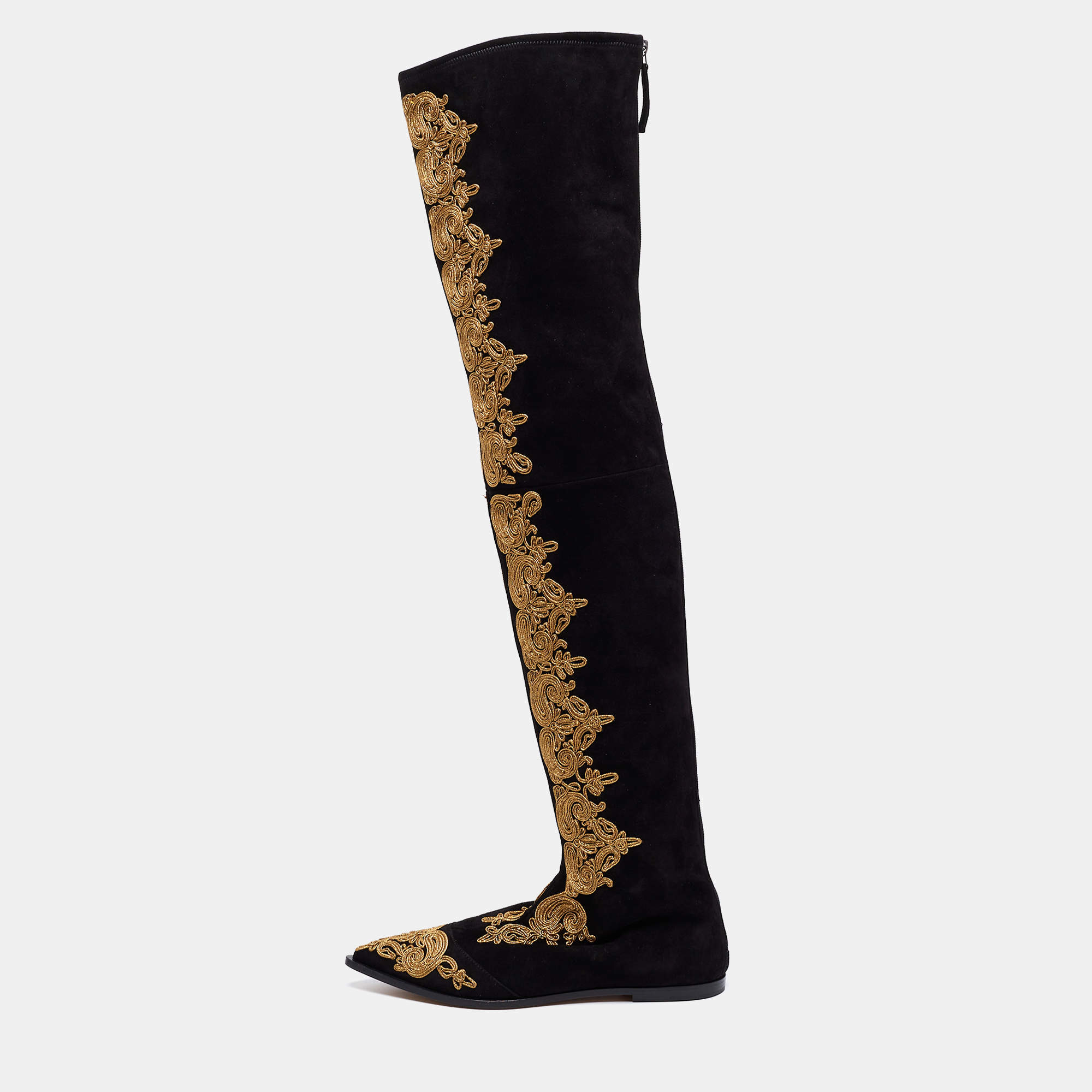 Pre Owned Etro Black Suede Paisley Embroidered Thigh-High Boots  Size 38