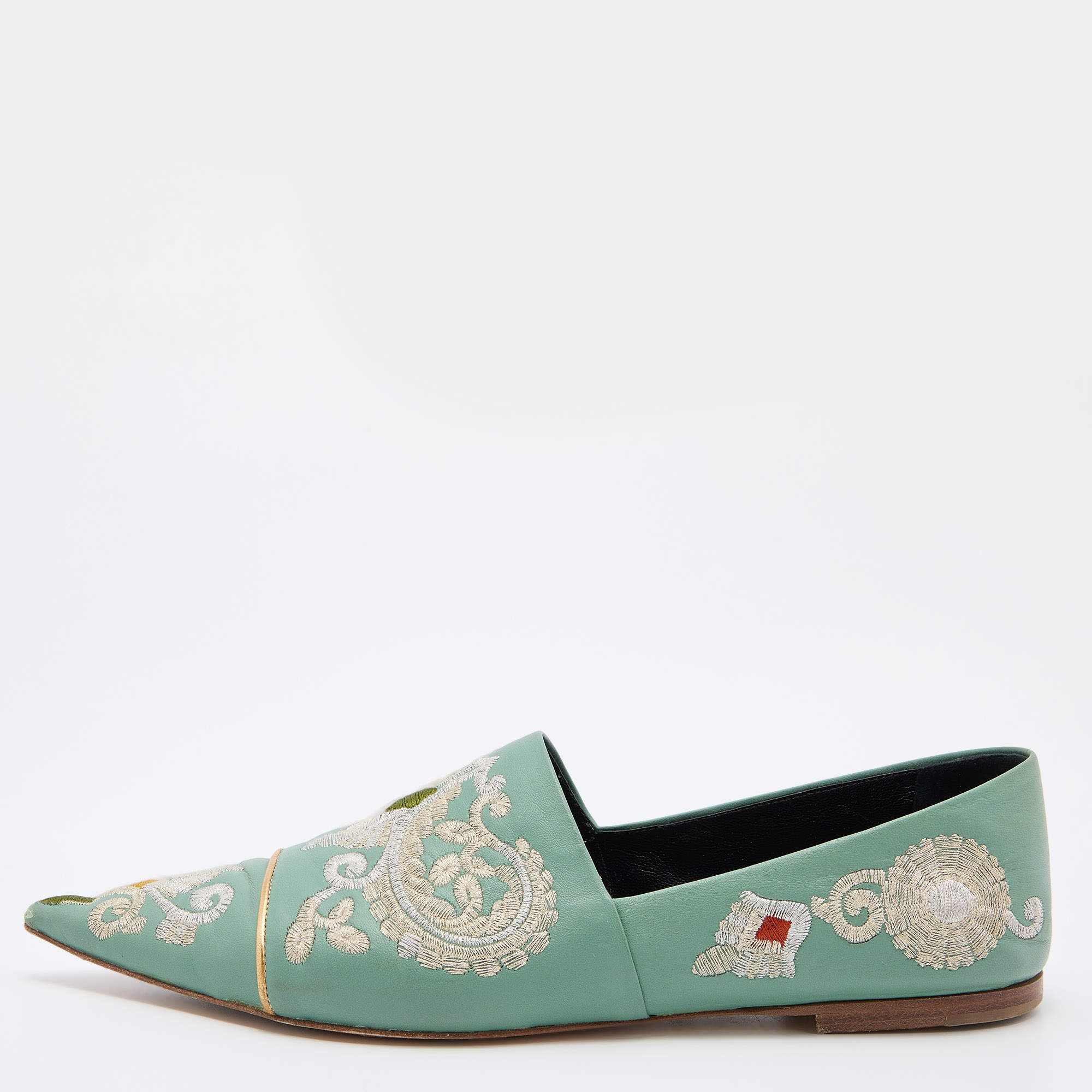 Etro Green Embroidered Leather Pointed Ballet Flats Size 41