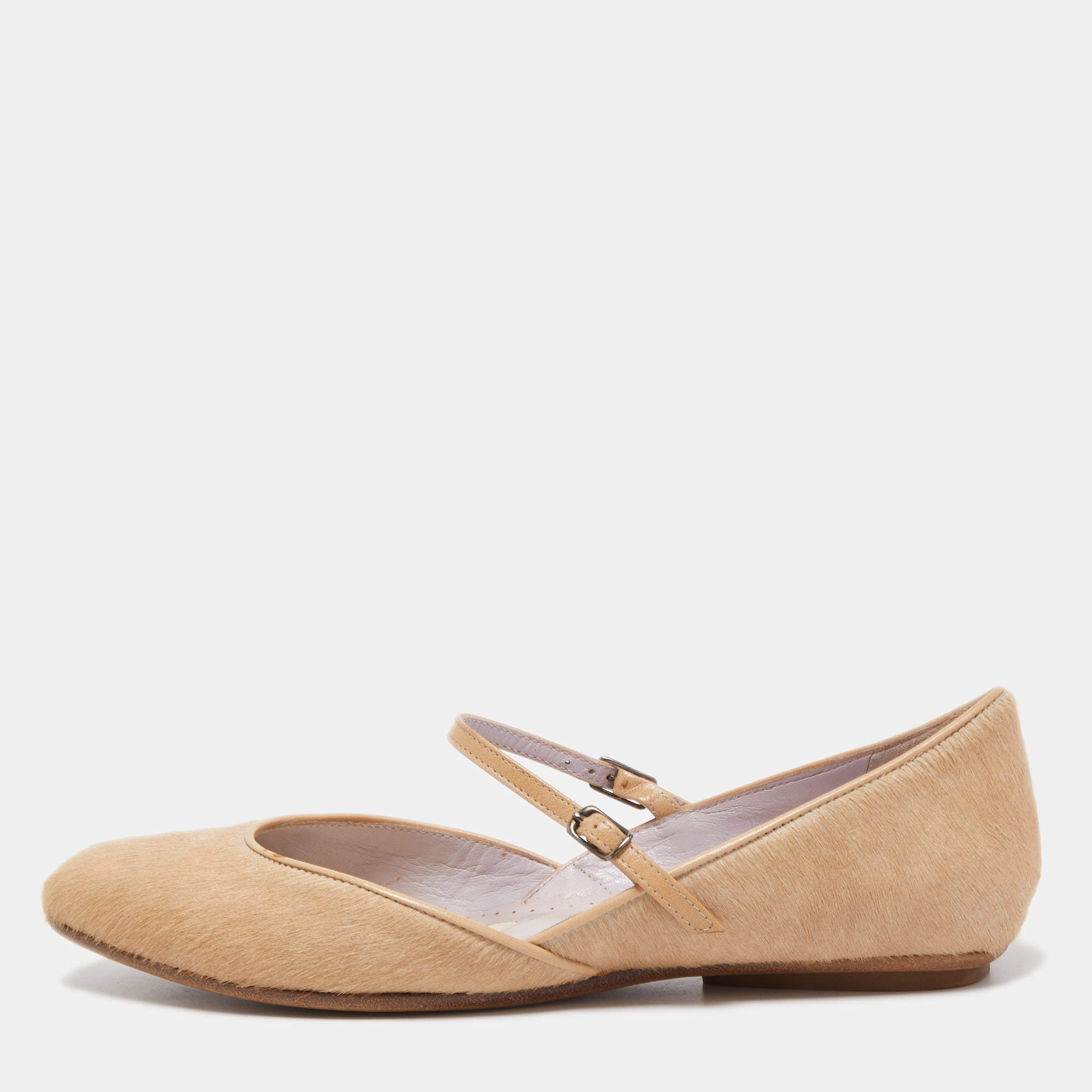 Pre Owned Etro Beige Calf Hair and Leather Mary Jane Ballet Flats Size 35.5