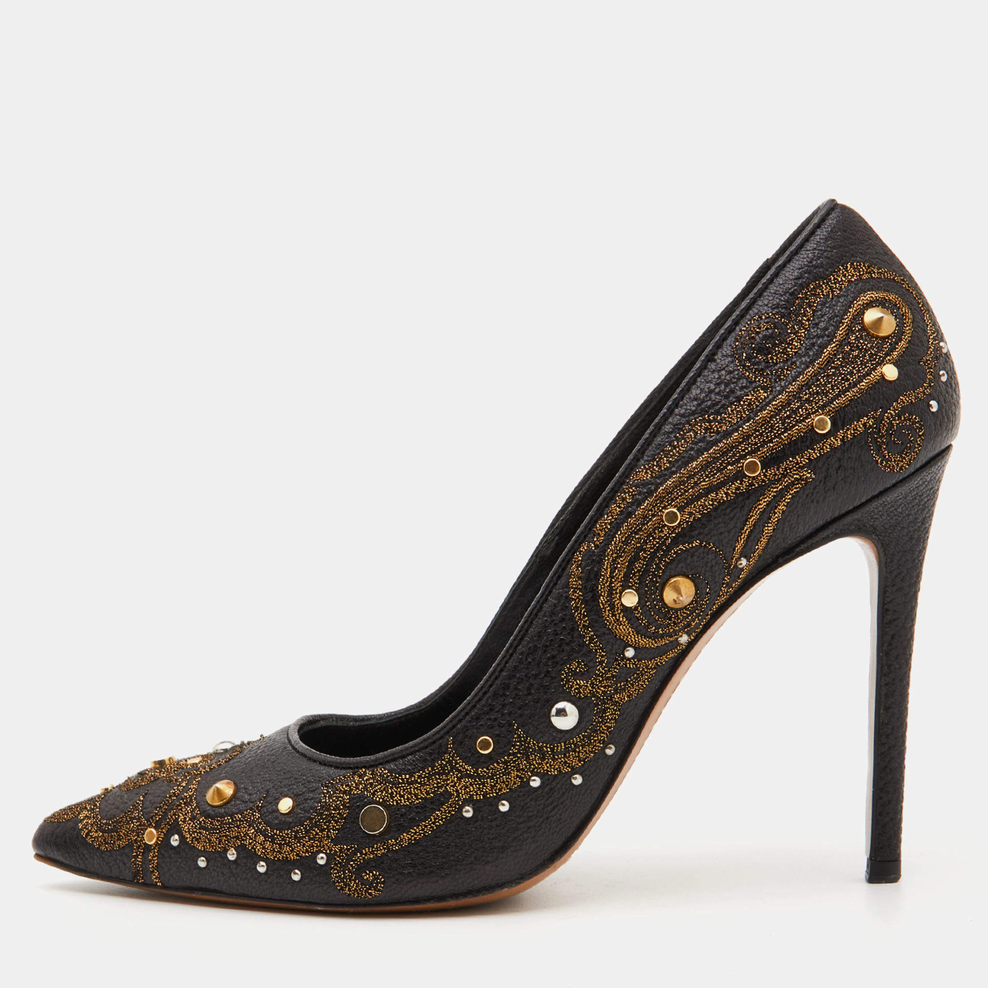 Pre Owned Etro Black Embroidered Leather Embellished Pointed Toe Pumps Size 39