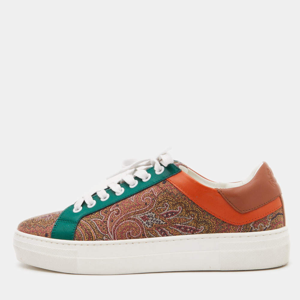 Etro Multicolor Paisley Print Fabric and Leather Low Top Sneakers Size 40