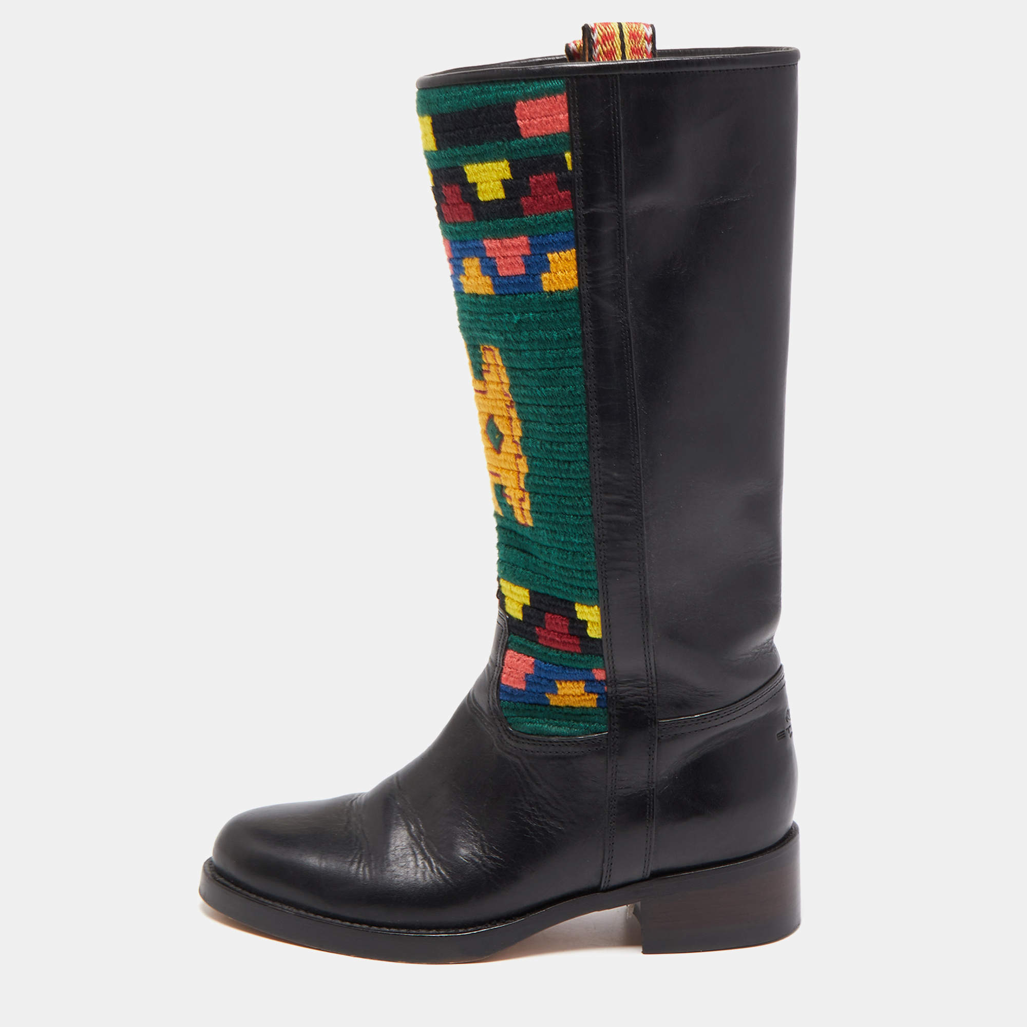Pre Owned Etro Black/Multicolor Leather Embroidered Calf Length Boots Size 37