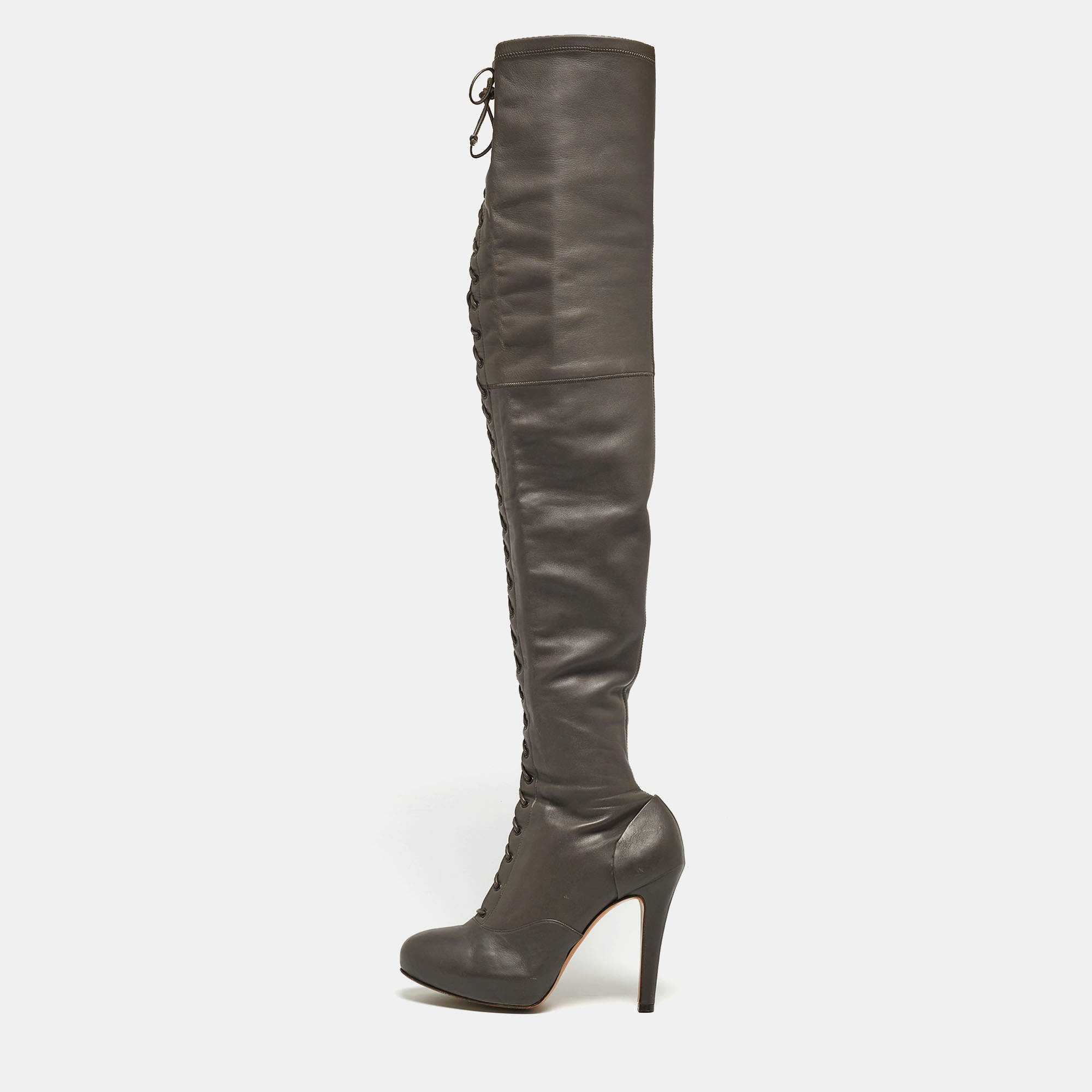 Pre Owned Etro Grey Leather Lace Up Thigh High Boots Size 39