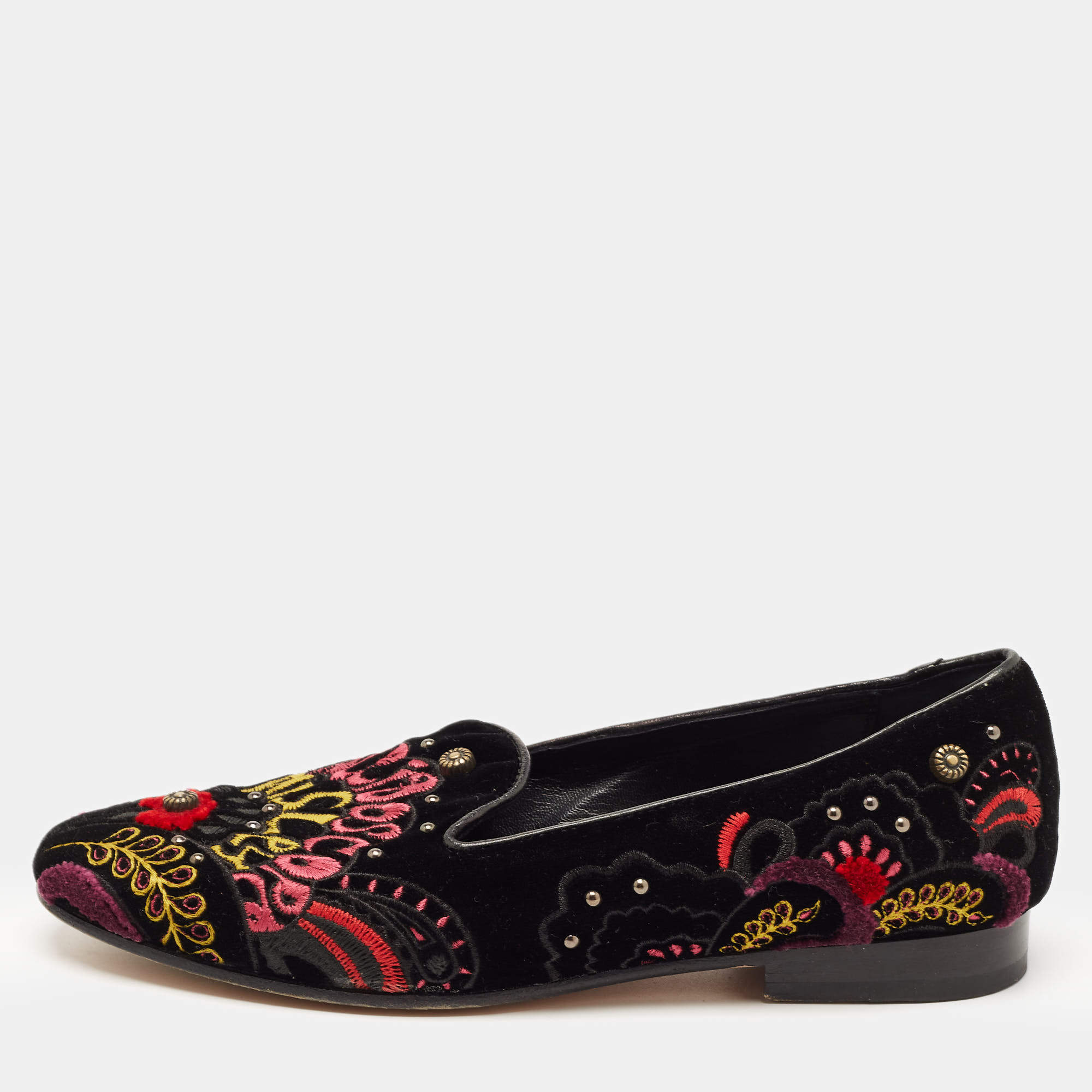 Pre Owned Etro Black Embroidered Velvet Smoking Slippers Size 37