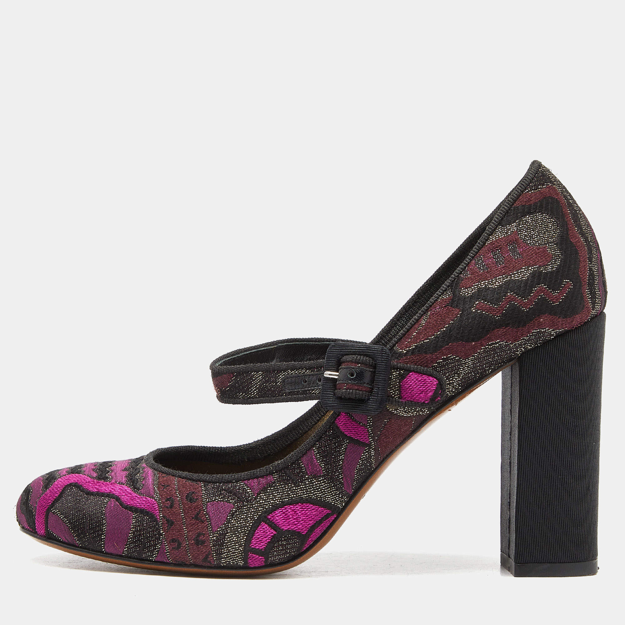 Etro Purple/Black Brocade Fabric Block Heel Pumps Size 37