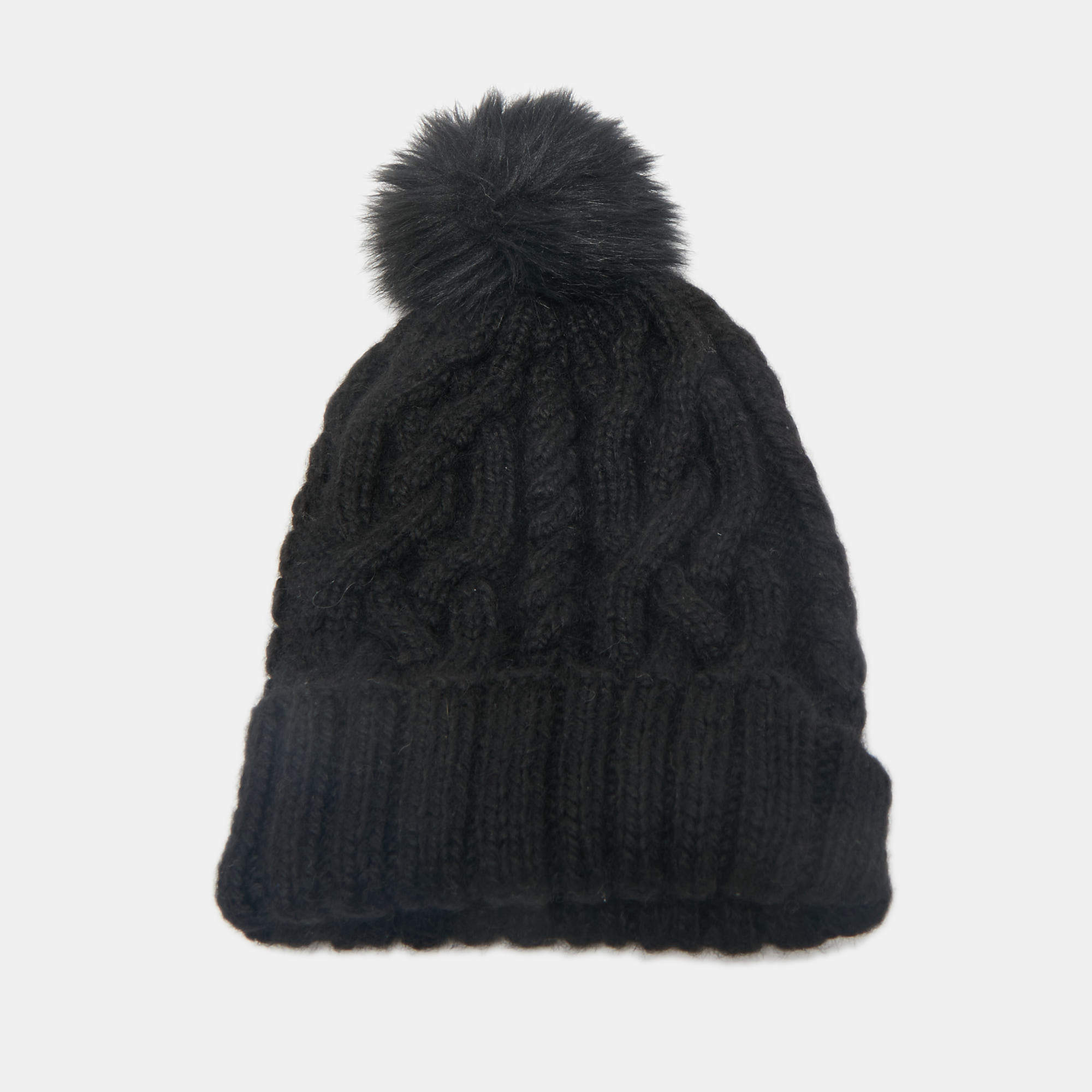 Eugenia Kim Black Baby Alpaca Cable Knit Pom Pom Beanie One Size 