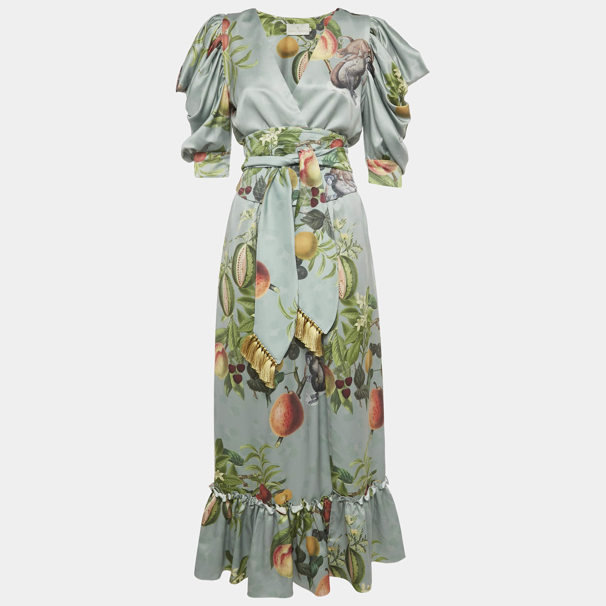 Pre Owned فستان ماكسي ساتان مطبوع باللون الأخضر المريمي يوجينيا فرنانديز صغير جدًا