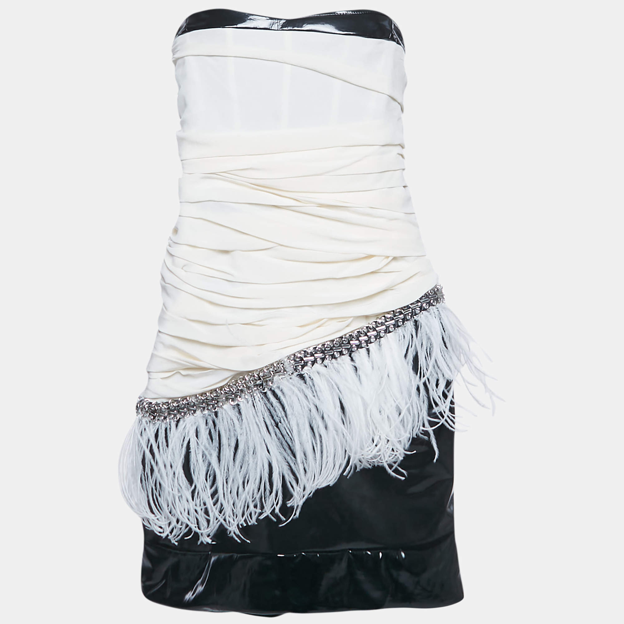 Faith Connexion Cream Silk & Contrast Faux Leather Detail Strapless Mini Dress M