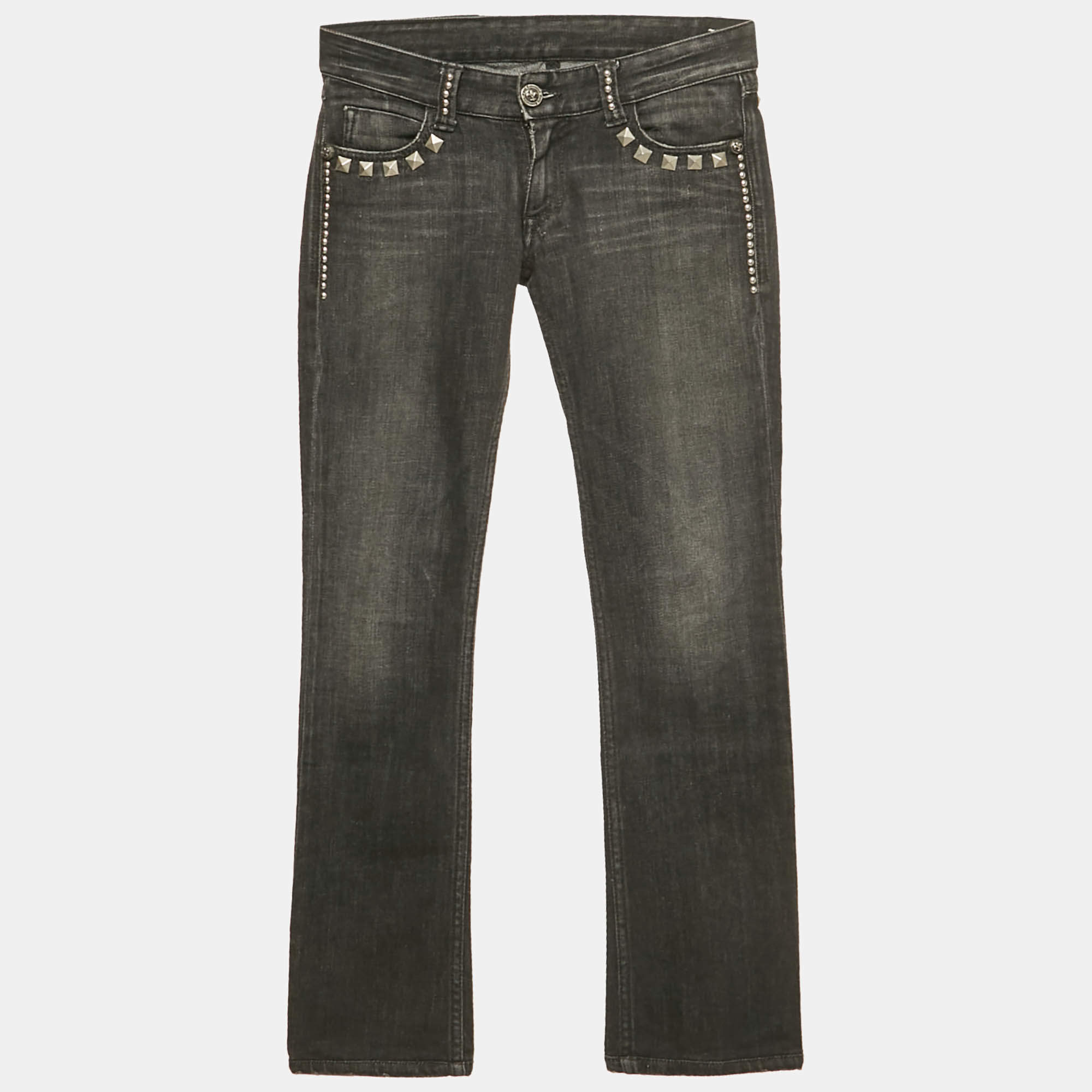 Pre Owned Faith Connexion Black Studded Denim Distressed Jeans S Waist 25"