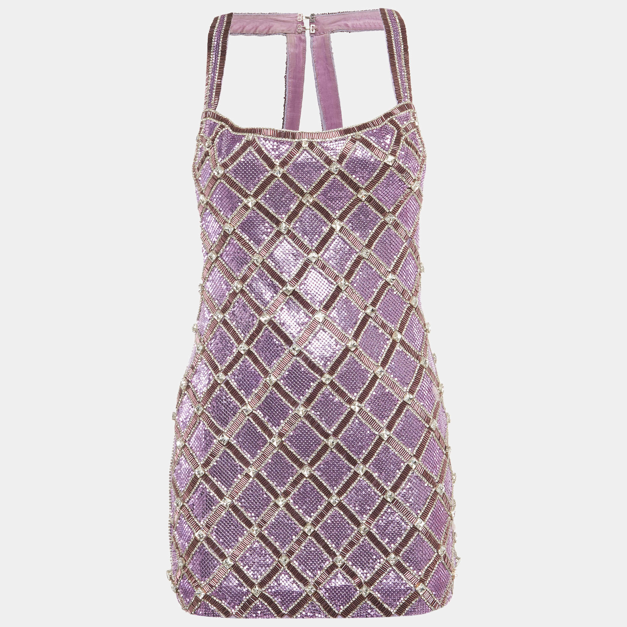 Pre Owned Farda Purple Metallic Embroidered Back Drape Detail Mini Dress XXS