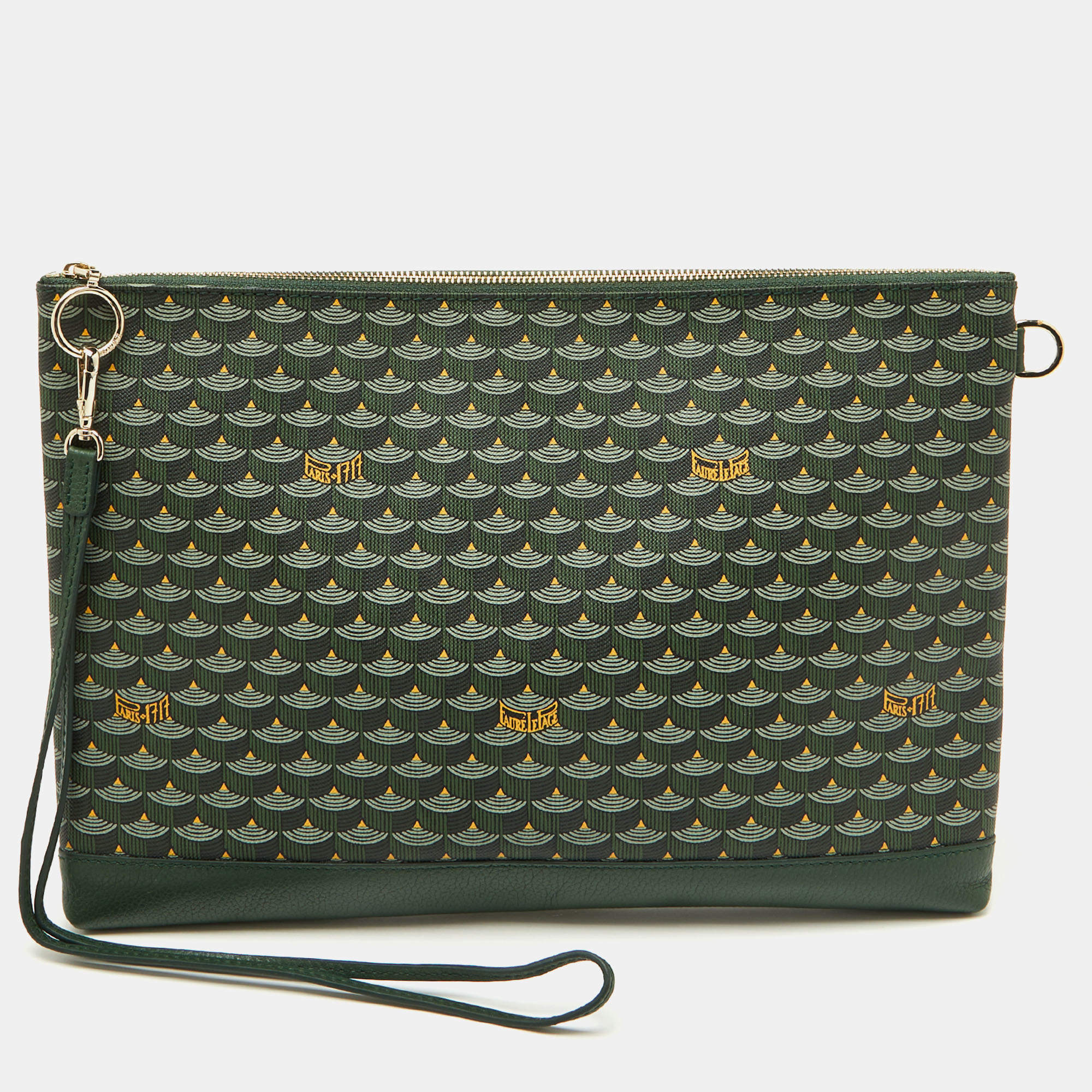 Faure Le Page Green Coated Canvas and Leather Wristlet Clutch