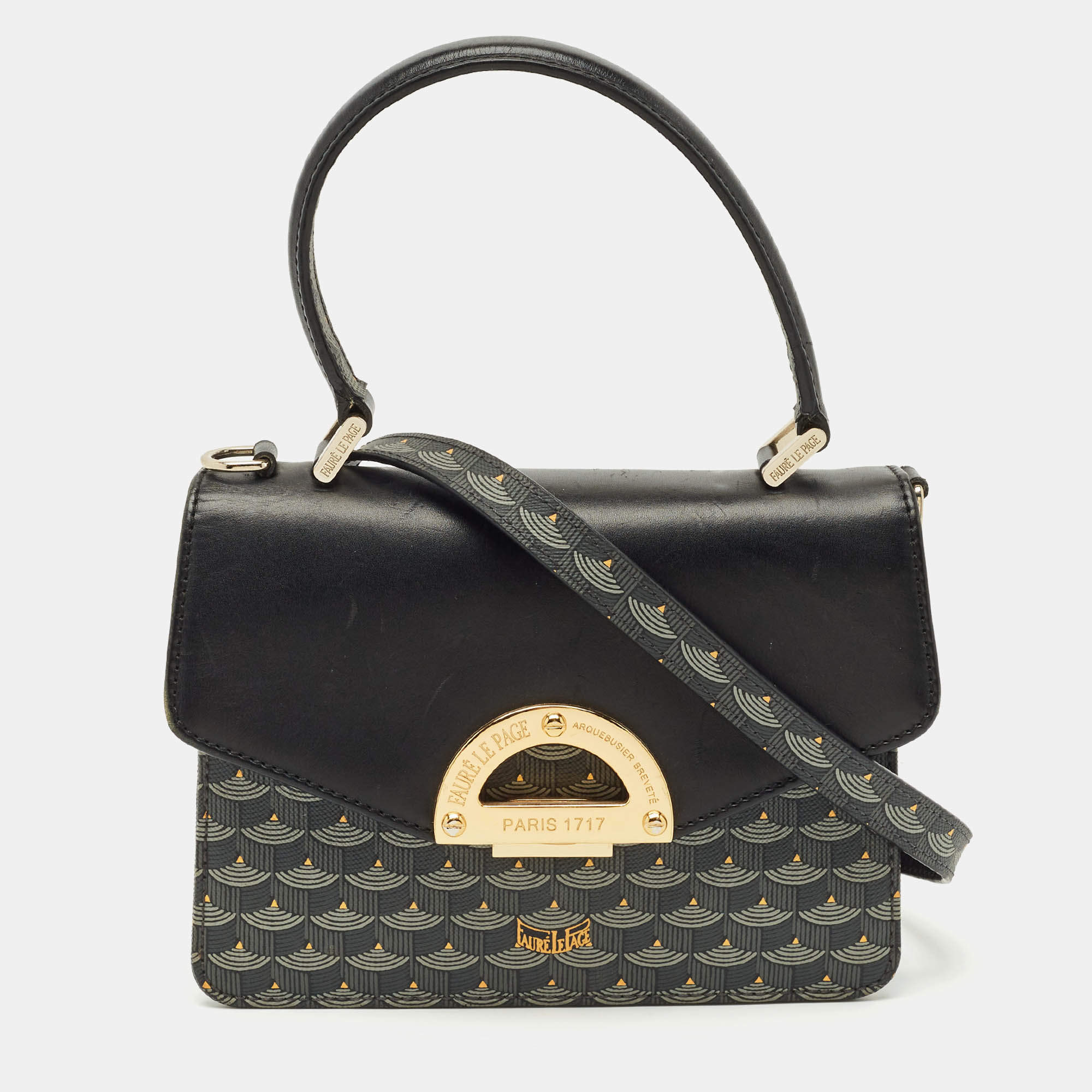 Faure Le Page Black/Grey Coated Canvas and Leather Parade Top Handle Bag