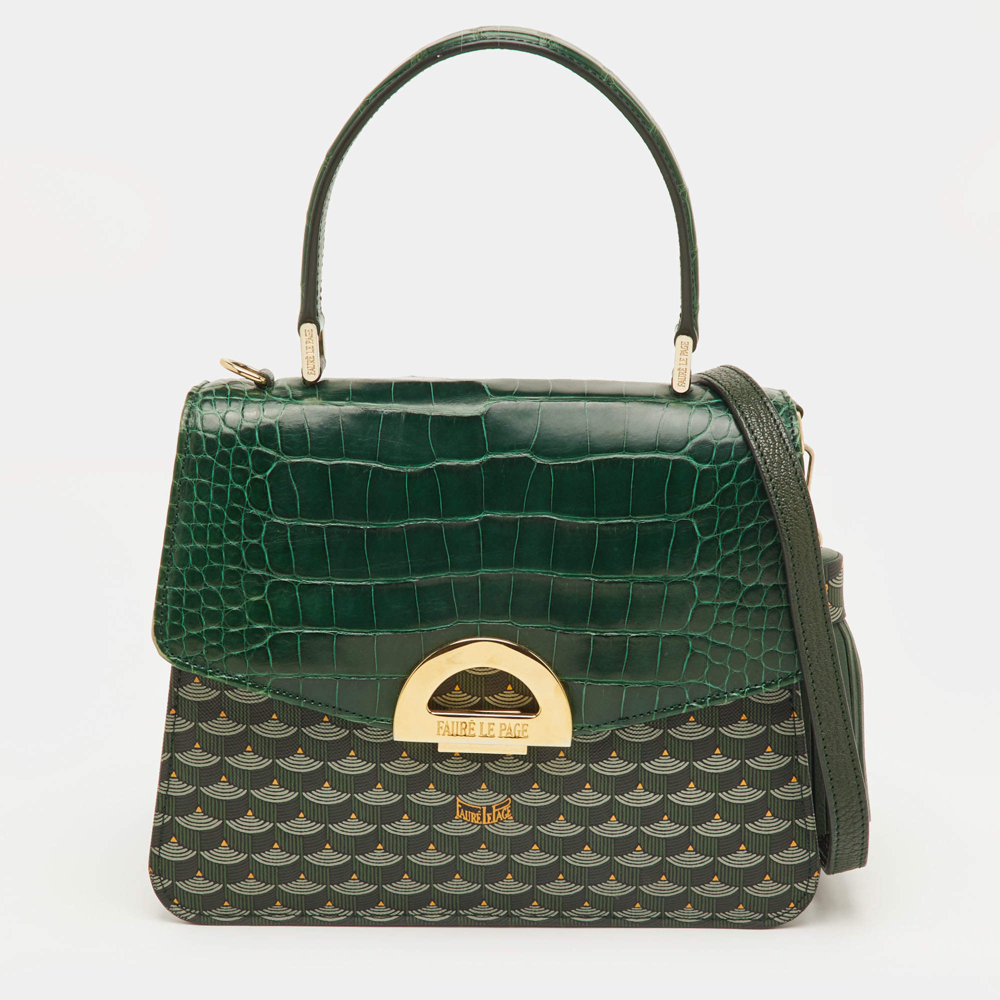 مملوكة مسبقًا Faure Le Page Parade Green Coated Canvas and Alligator Top Handle Bag