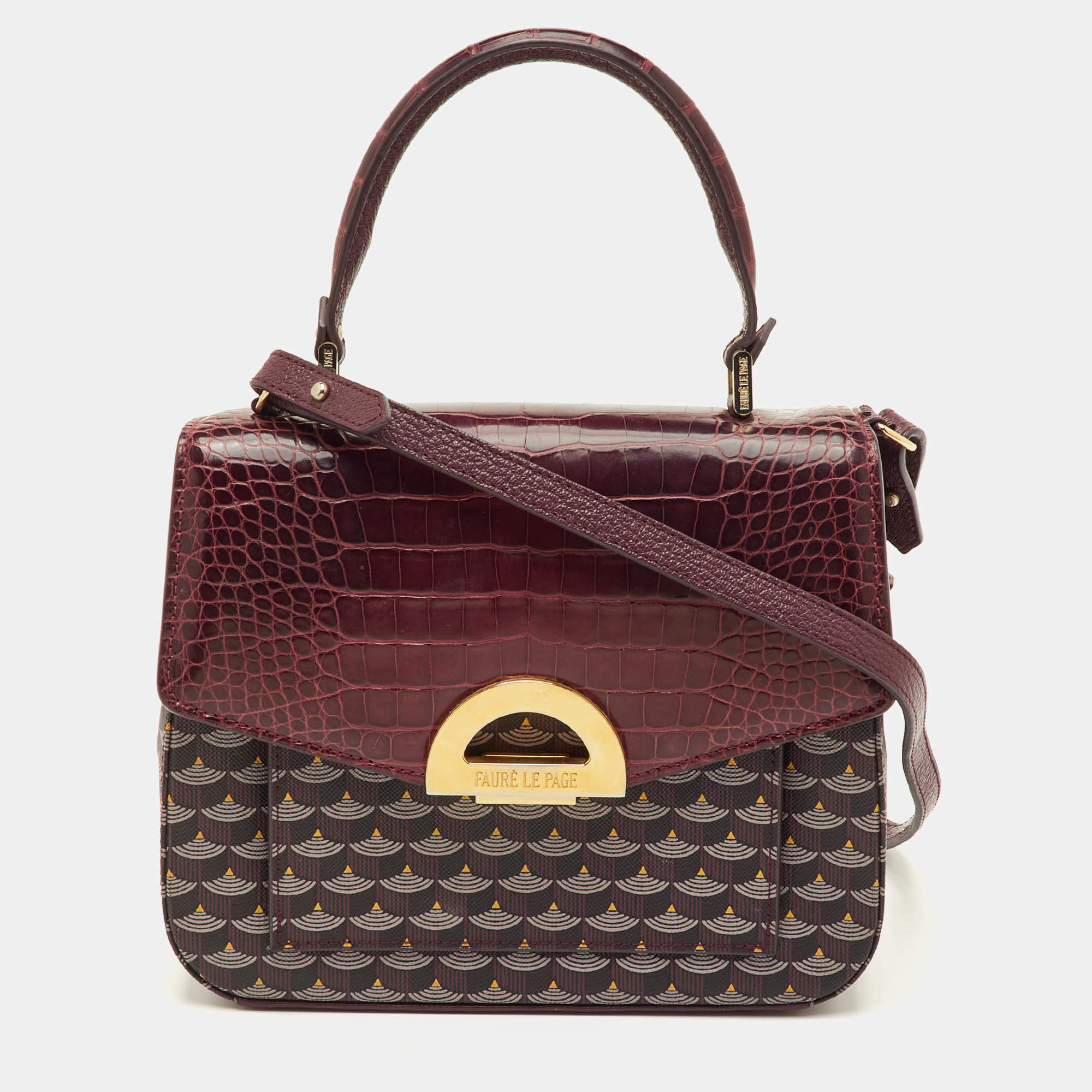 Pre Owned Faure Le Page Burgundy Coated Canvas and Croc Embossed Leather Top Handle Bag
