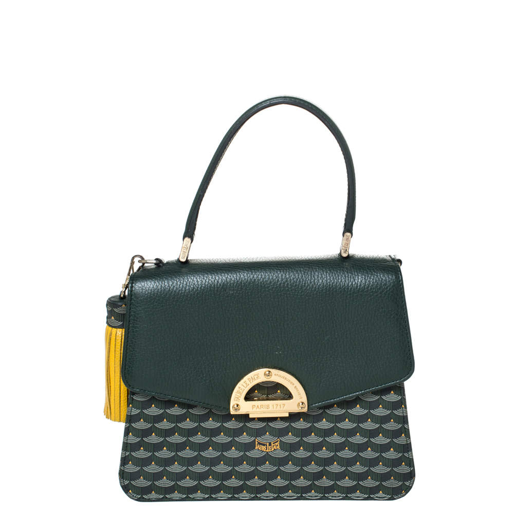Faure Le Page Green Coated Canvas and Leather Parade Top Handle Bag