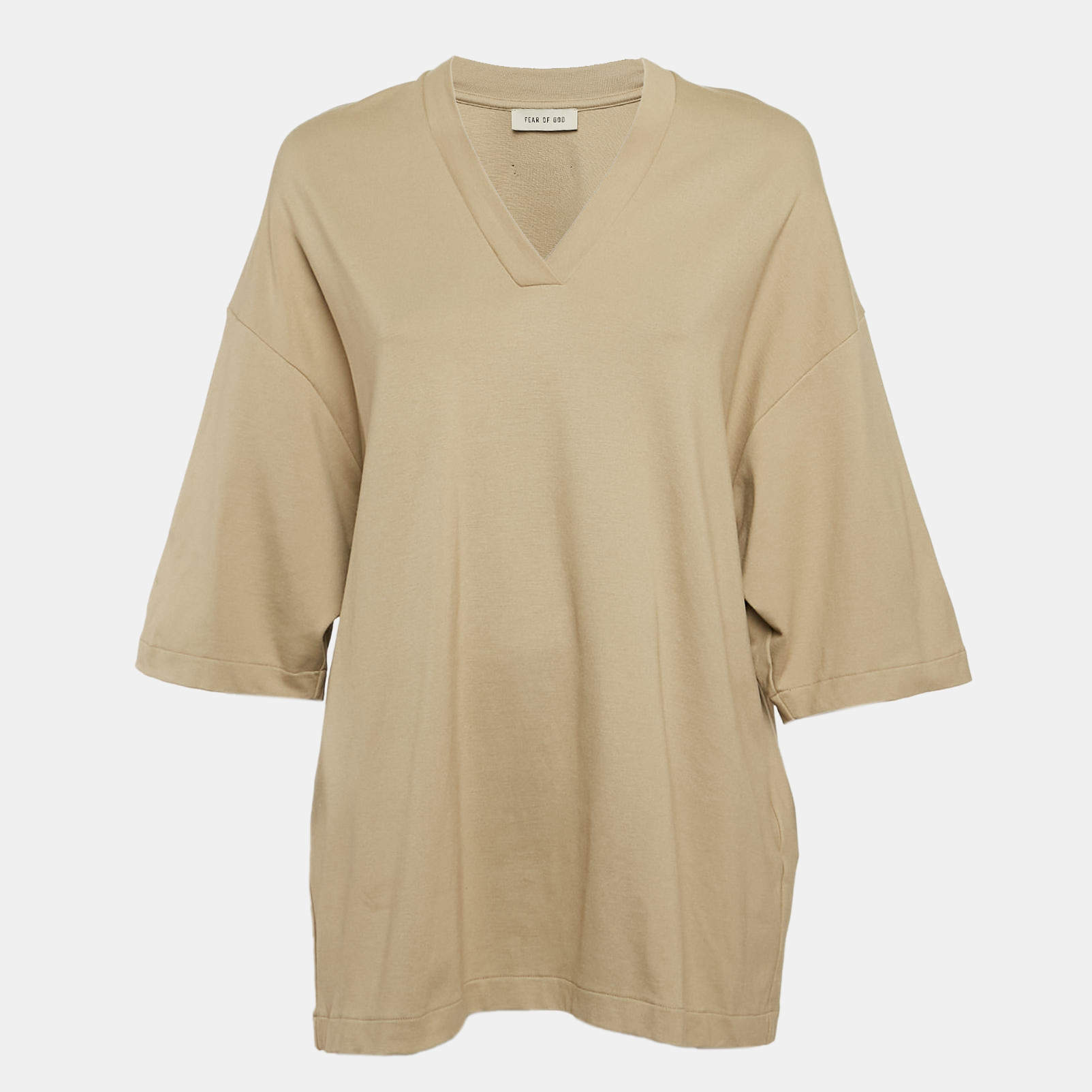 Fear of God Dark Beige Knit V-Neck Oversized T-Shirt XS