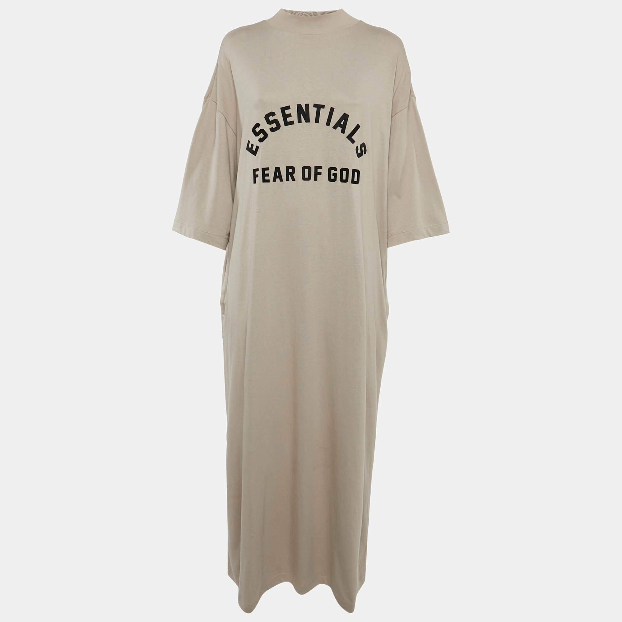 Pre Owned Fear of God Beige Logo Print Cotton Maxi Dress M