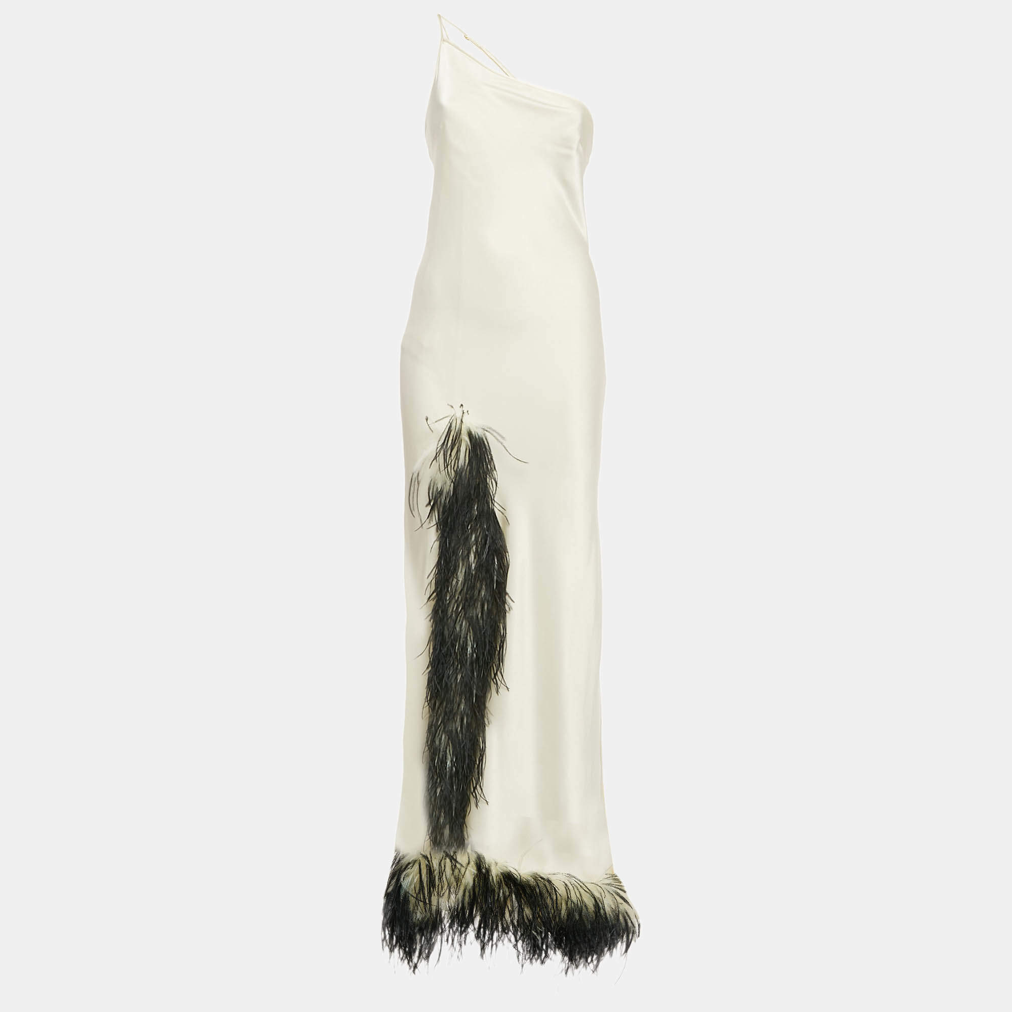 Pre Owned Femme Fatale Off-White Satin Feather Trimmed Sleeveless Asymmetric Maxi Dress S