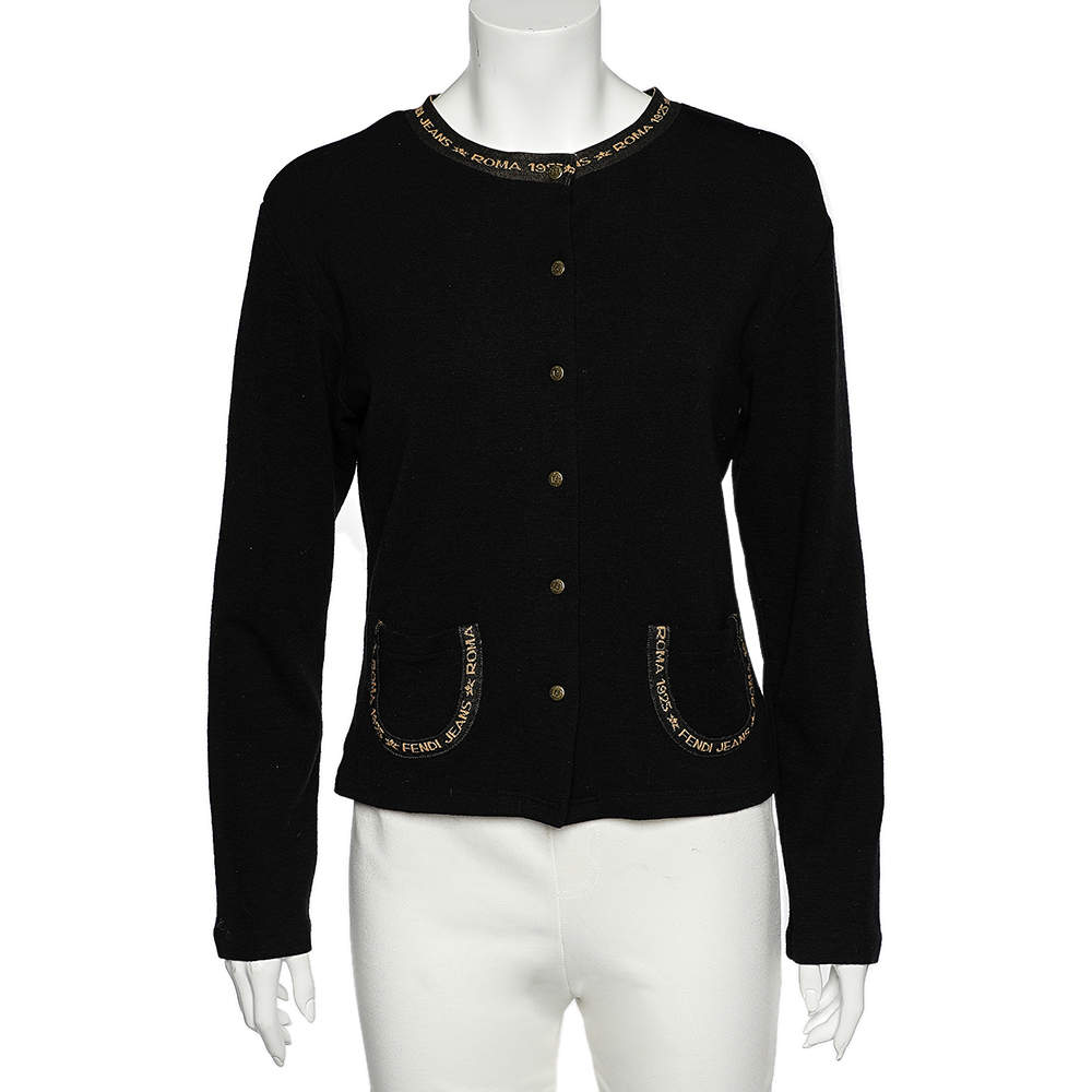 Fendi Jeans Black Wool Knit Logo Trim Detail Button Front Cardigan L