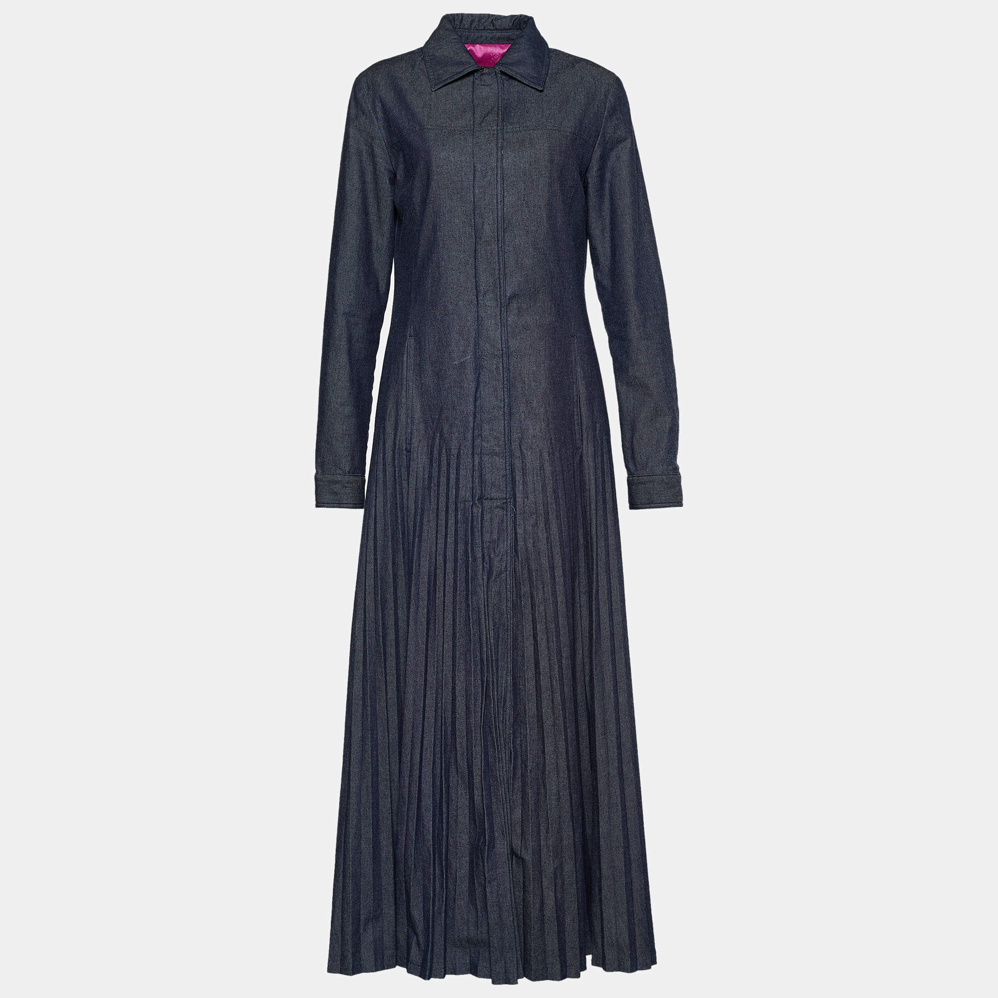 Pre Owned Fendi Jeans Vintage Blue Denim Pleated Long Coat M