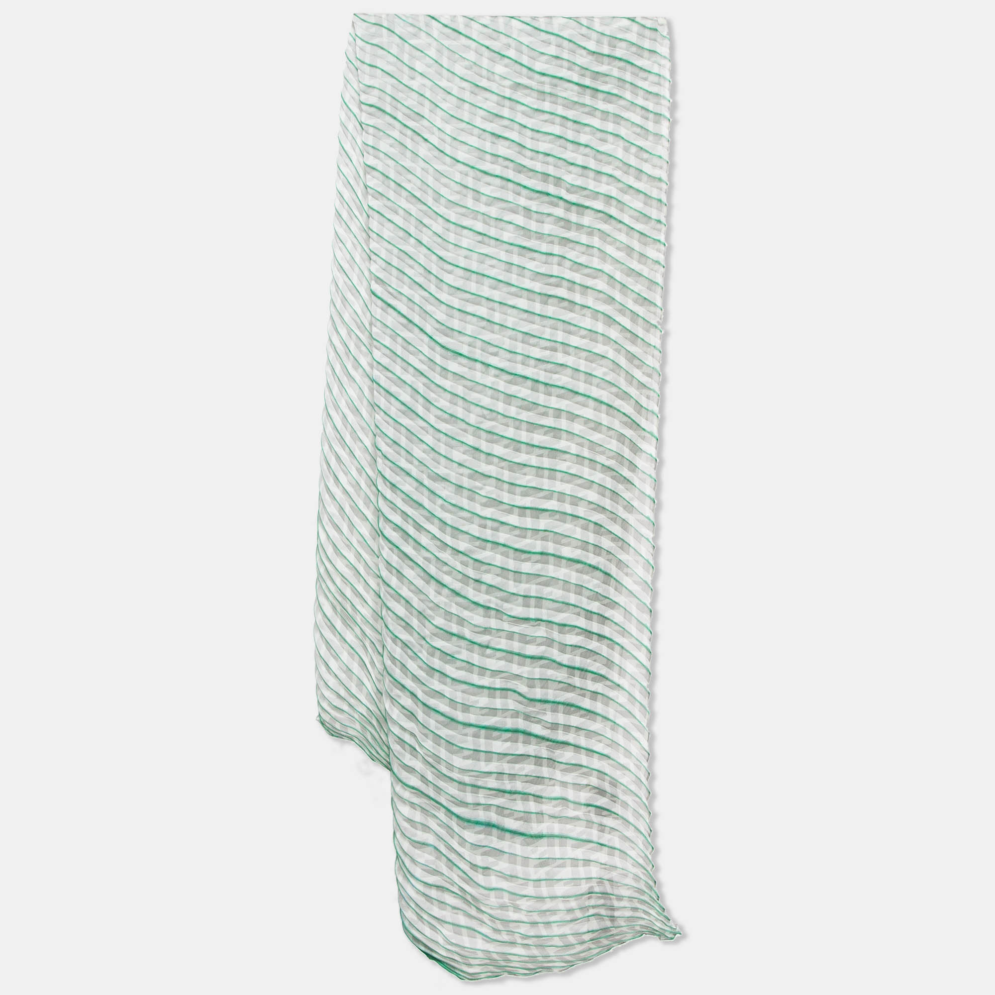 Pre Owned Fendi Grey/Green Stripe Zucca Print Satin Plisse Stole 