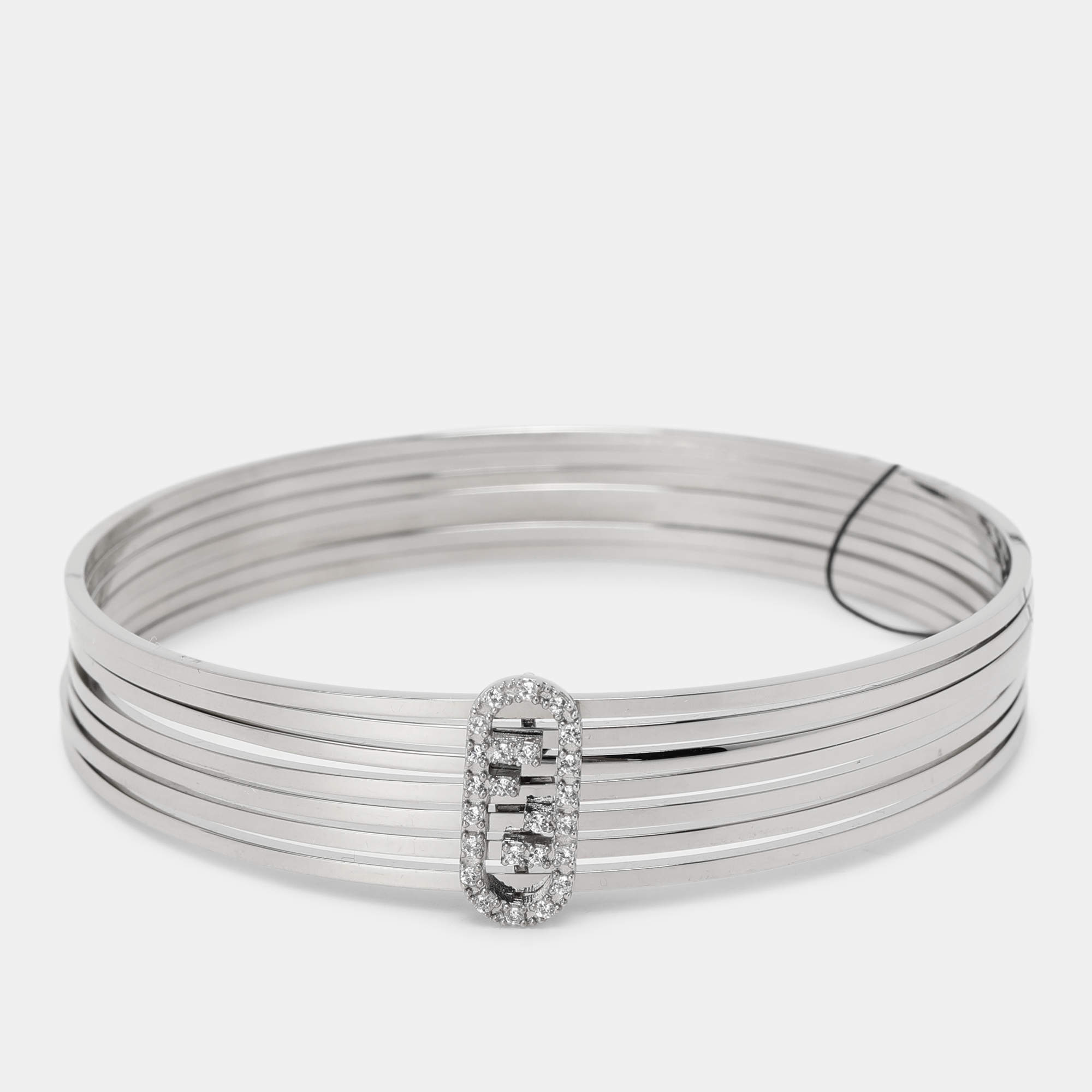 Pre Owned Fendi Palladium Crystal O'Clock Bangle Bracelet