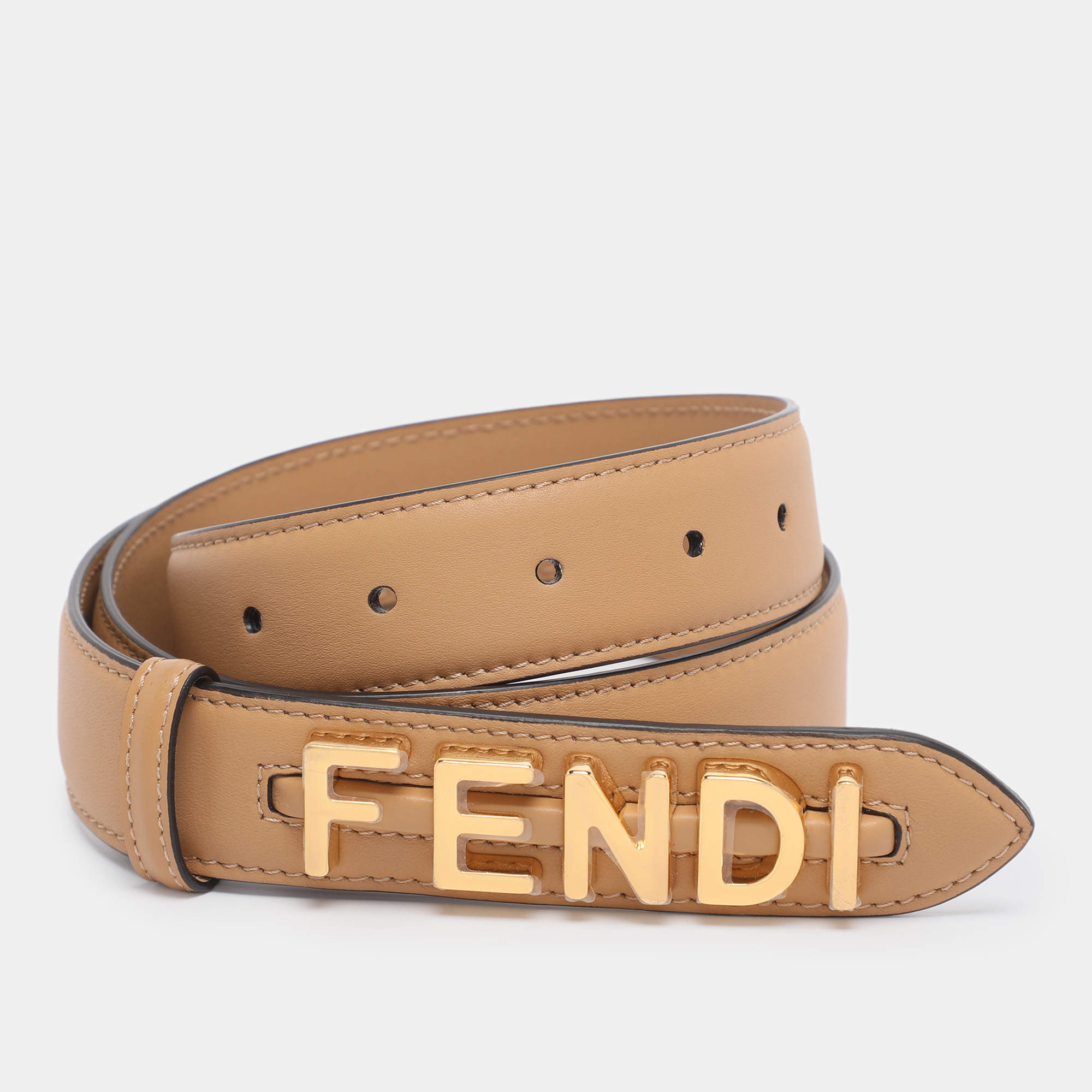 Pre Owned Fendi Beige Leather Fendigraphy Waist Belt 85CM