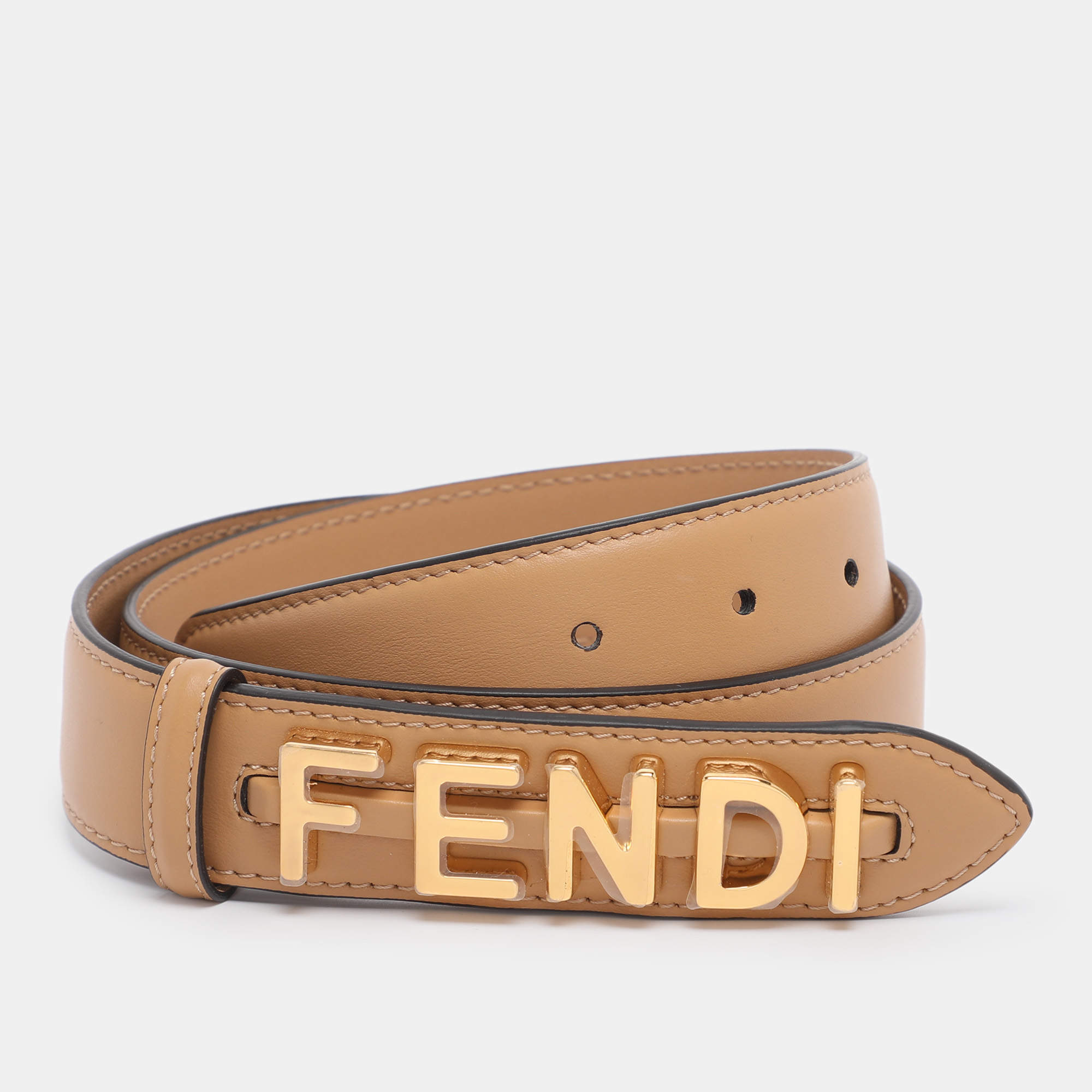 Pre Owned Fendi Beige Leather Fendigraphy Waist Belt 75CM