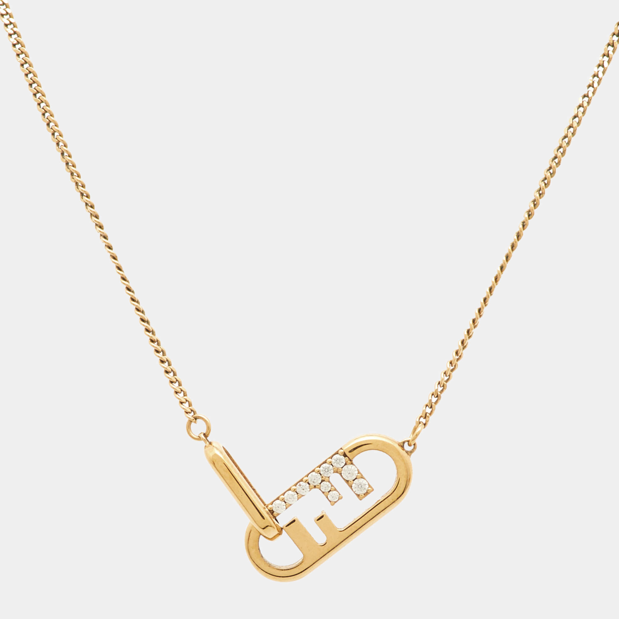 Pre Owned Fendi O'Lock Crystals Gold Tone Necklace 