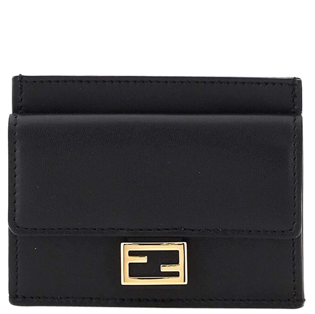 Pre Owned Fendi Black Leather Baguette FF Card Holder 