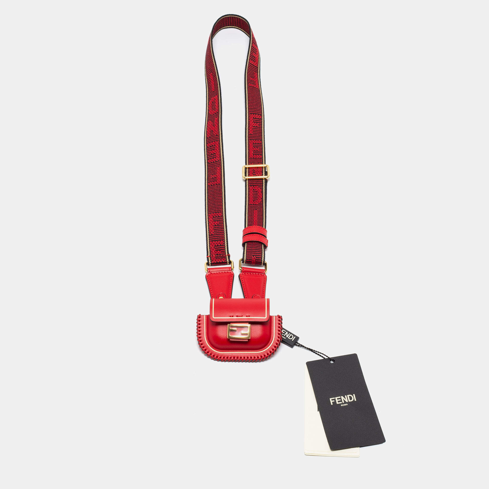 Pre Owned Fendi Red Logo Fabric And Leather Airpod Case
