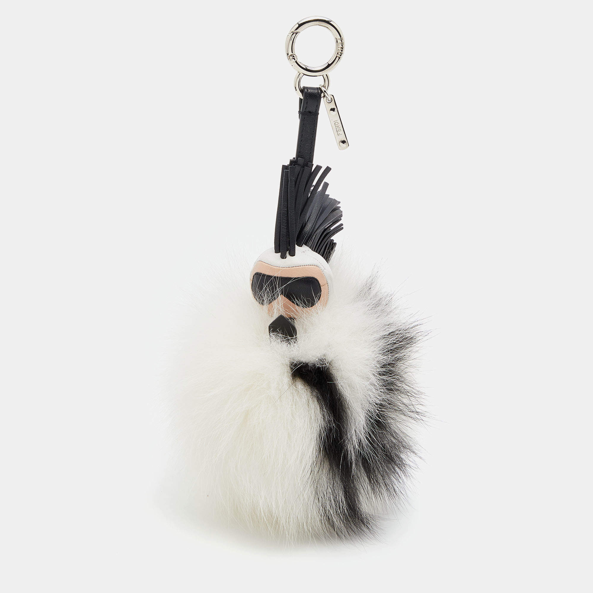 مملوكة مسبقًا Fendi White/Black Fur and Leather Karlito Silver Tone Bag Charm