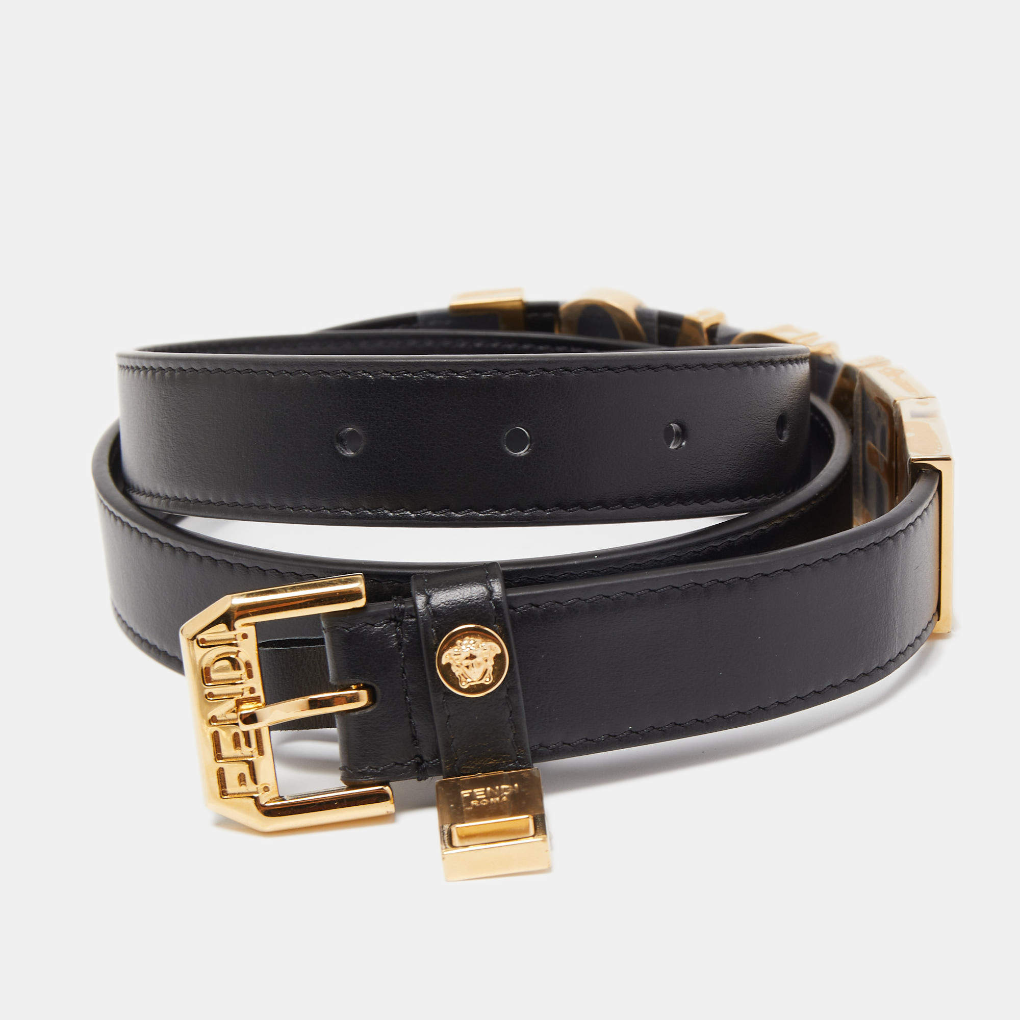 Fendi x Versace Black Leather Logo Letters Buckle Belt 90CM Fendi